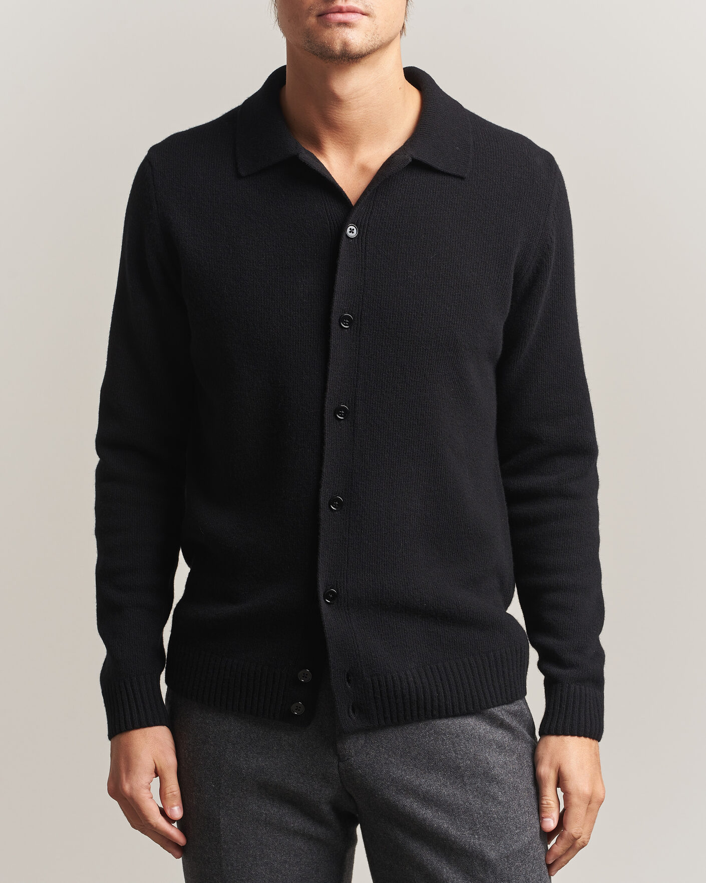 Uomini | Maglieria | Stenströms | Brushed Merino Polo Cardigan Black