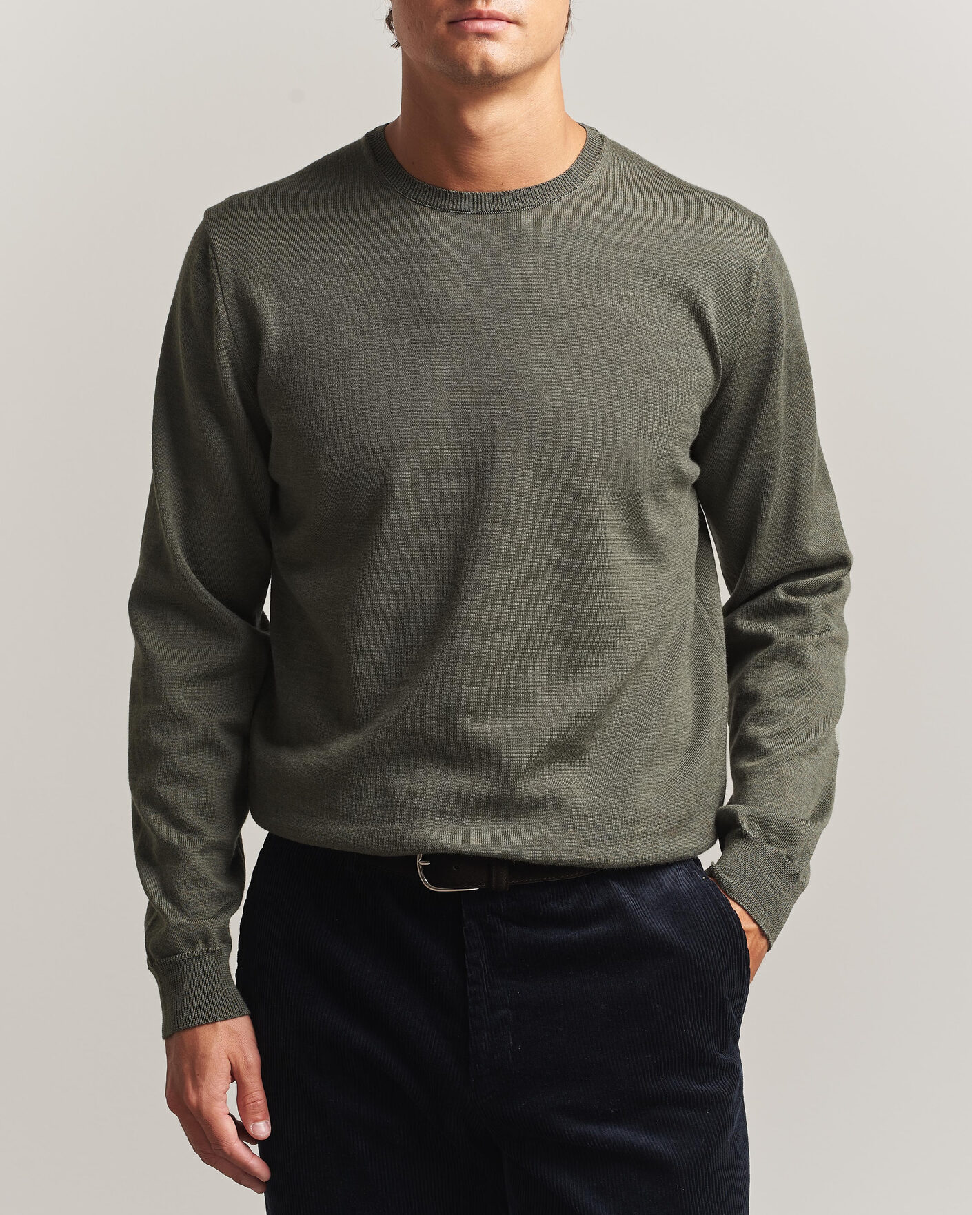 Uomini | Maglieria | Stenströms | Merino Patch Crew Neck Dark Green