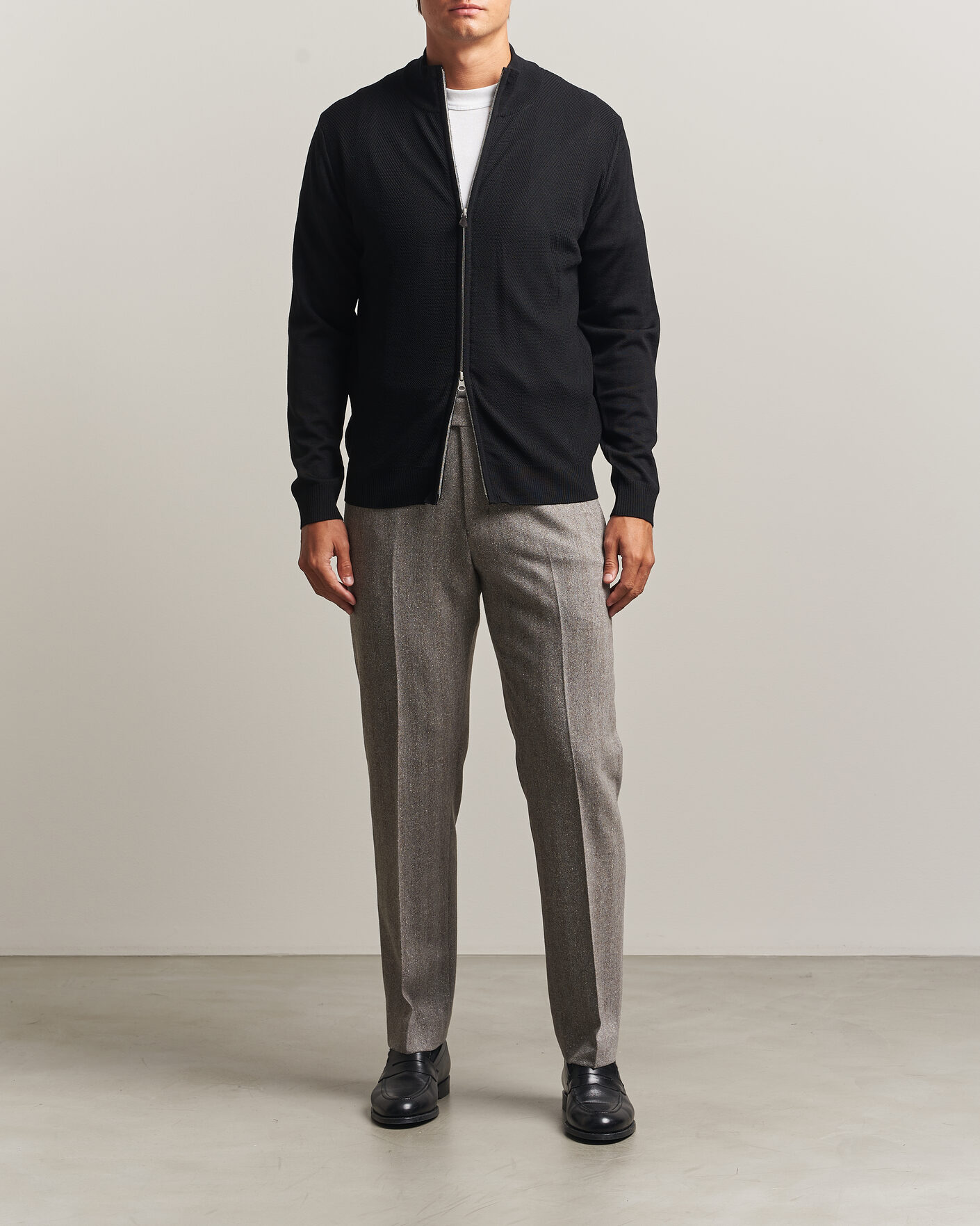 Uomini | Maglieria | Stenströms | Merino Herringbone Full Zip Black