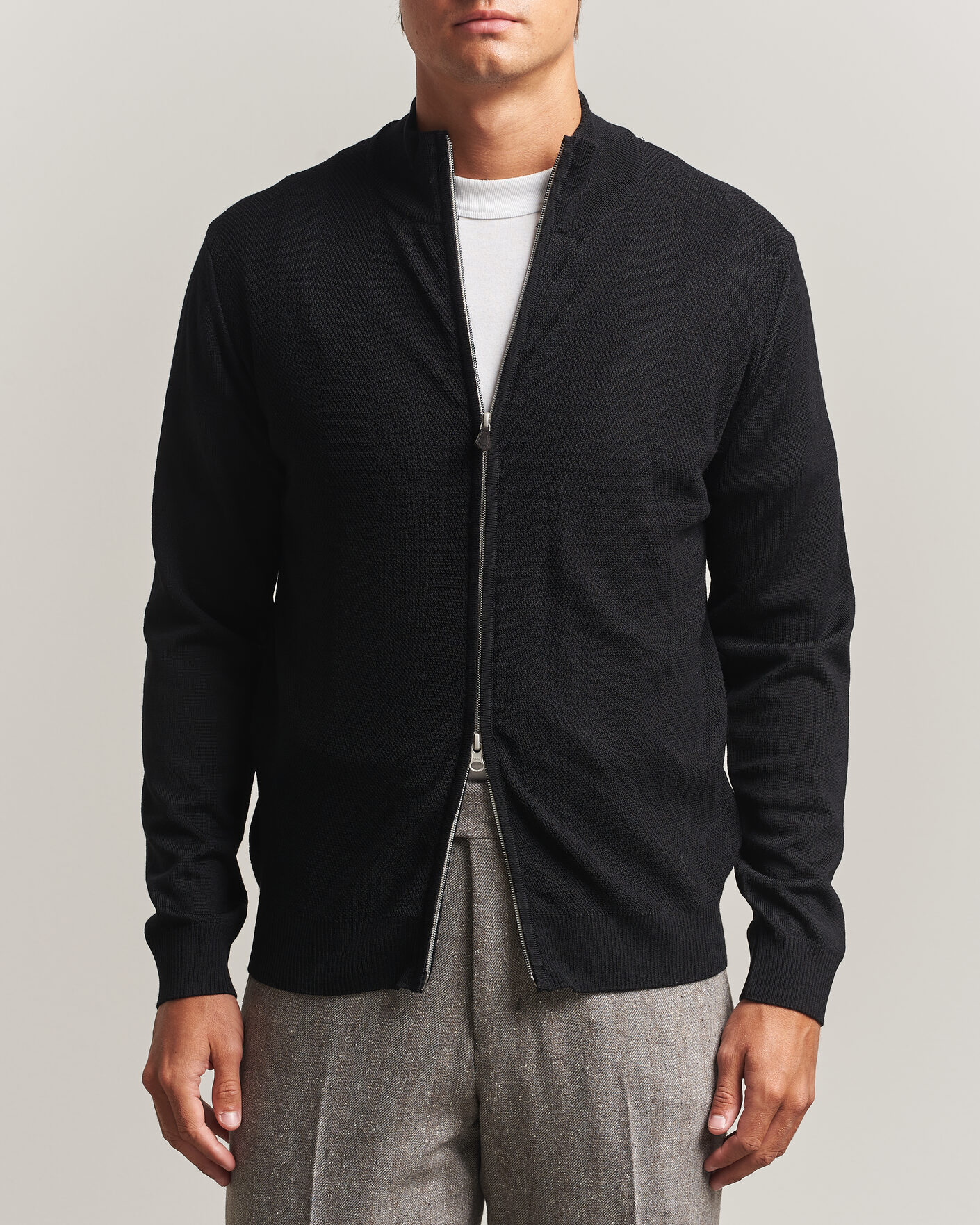 Uomini | Maglieria | Stenströms | Merino Herringbone Full Zip Black