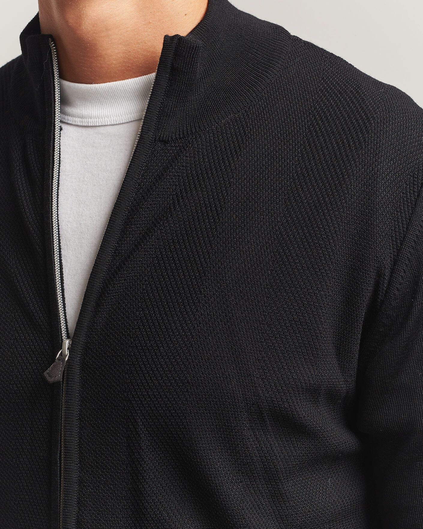 Uomini | Maglieria | Stenströms | Merino Herringbone Full Zip Black