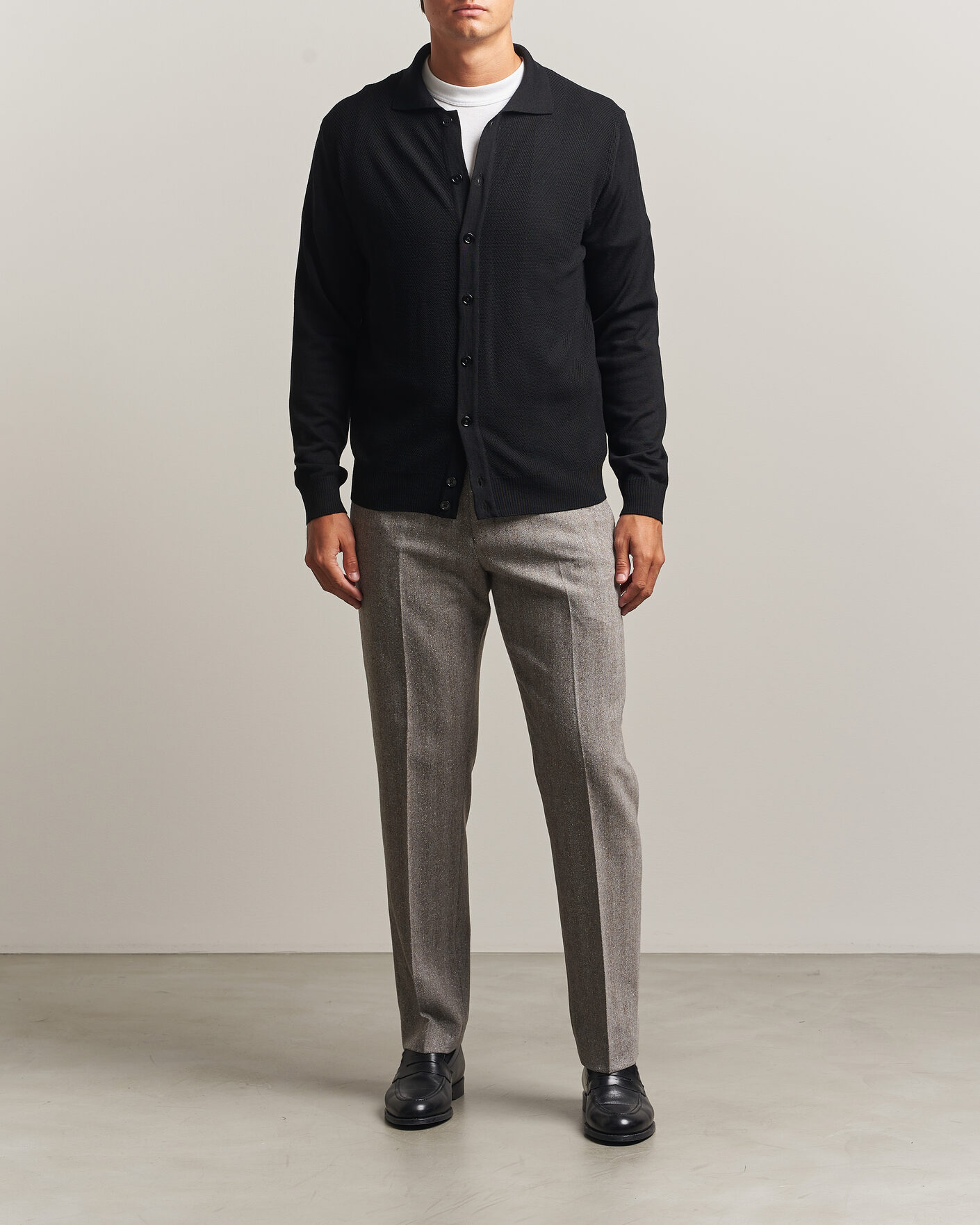 Uomini | Maglieria | Stenströms | Merino Herringbone Polo Cardigan Black