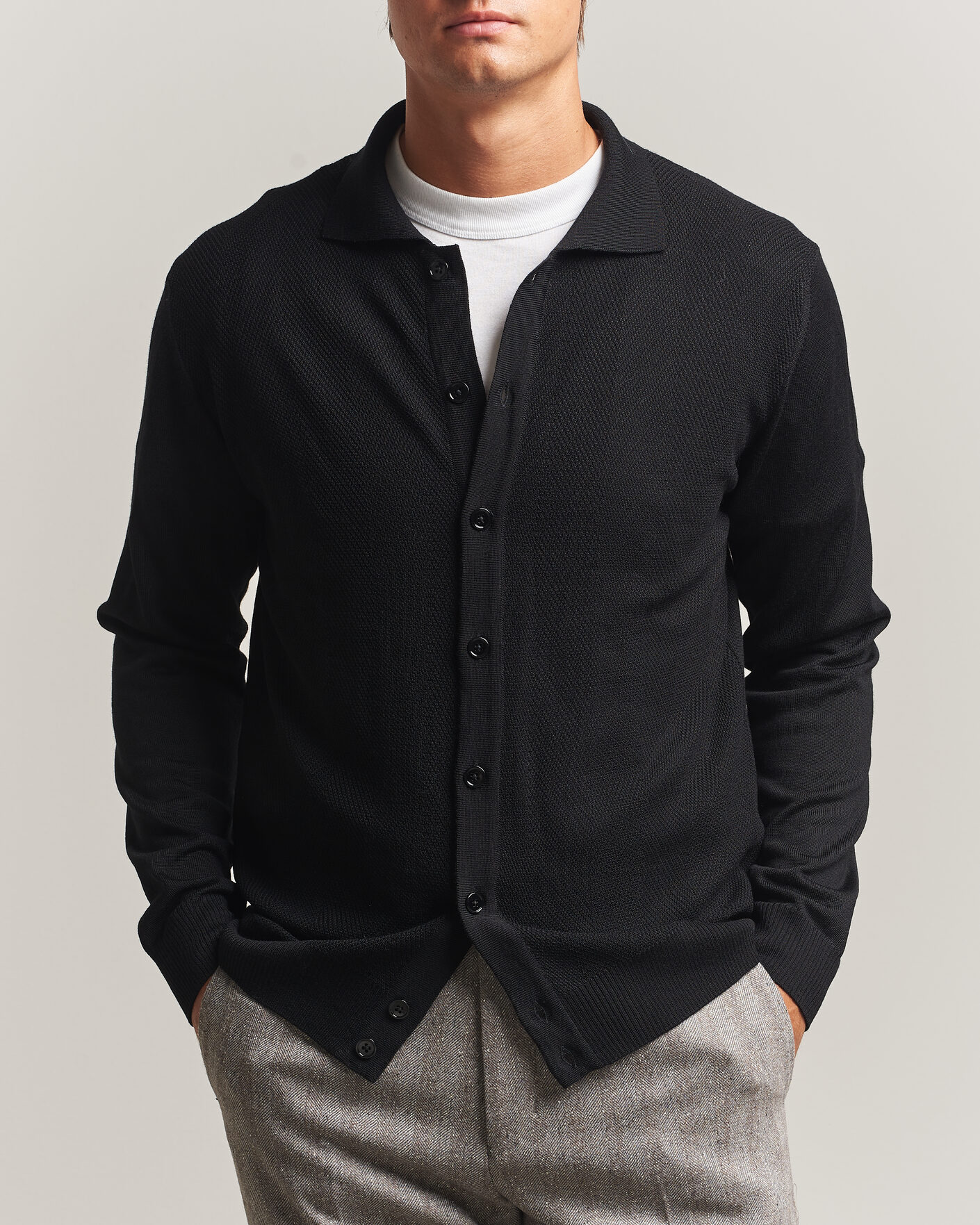Uomini | Maglieria | Stenströms | Merino Herringbone Polo Cardigan Black