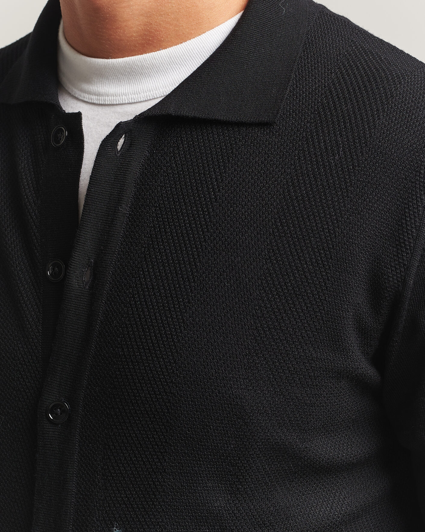 Uomini | Maglieria | Stenströms | Merino Herringbone Polo Cardigan Black