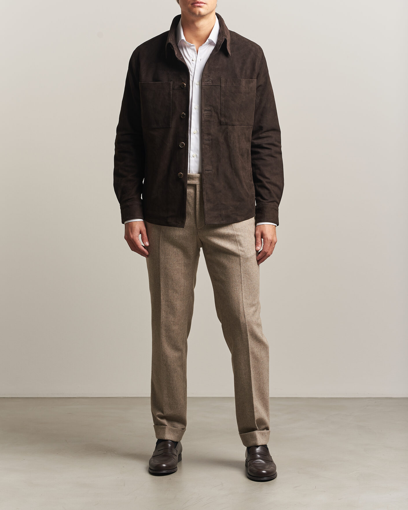 Uomini | Camicie | Stenströms | Goat Suede Overshirt Dark Brown