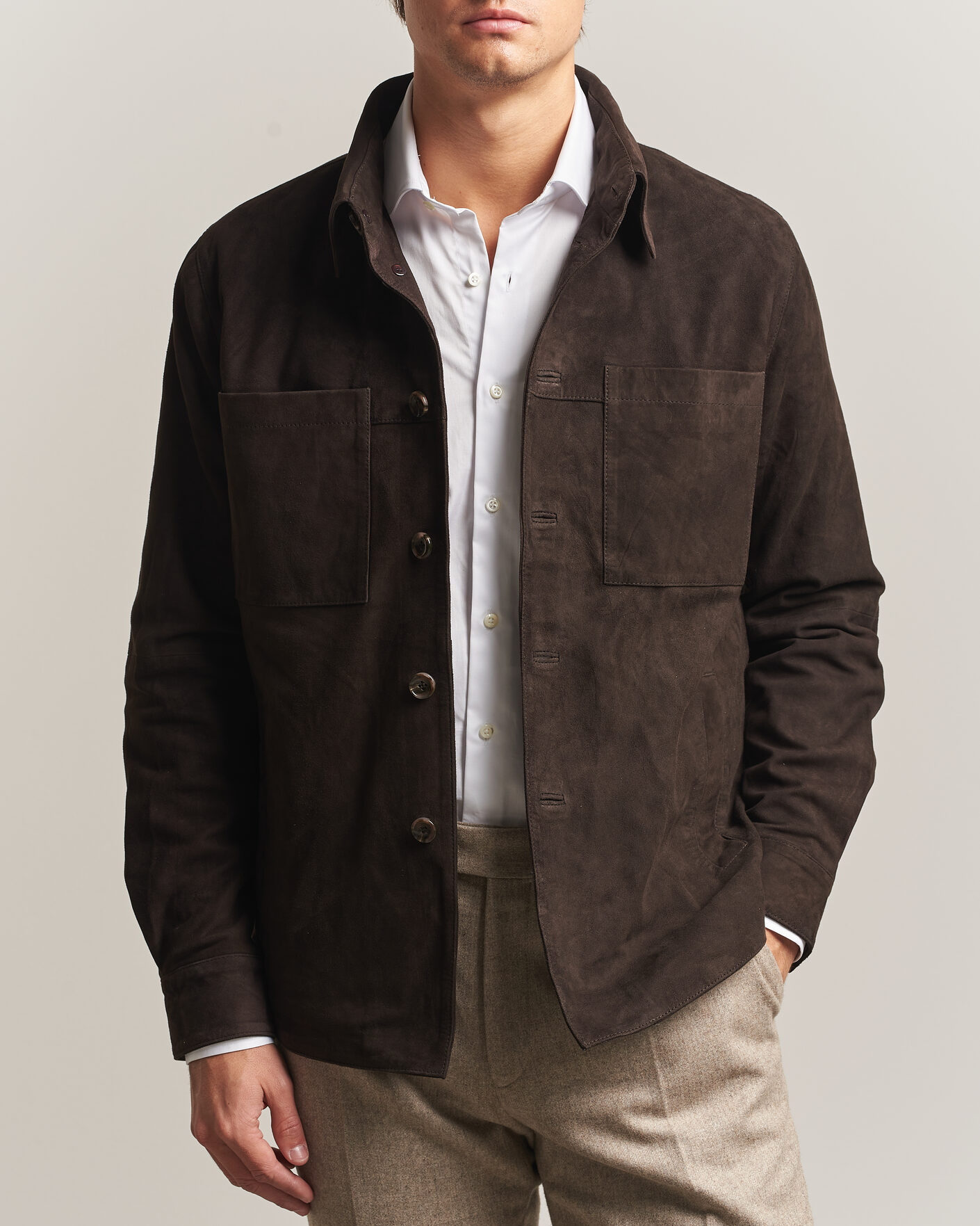 Uomini | Camicie | Stenströms | Goat Suede Overshirt Dark Brown