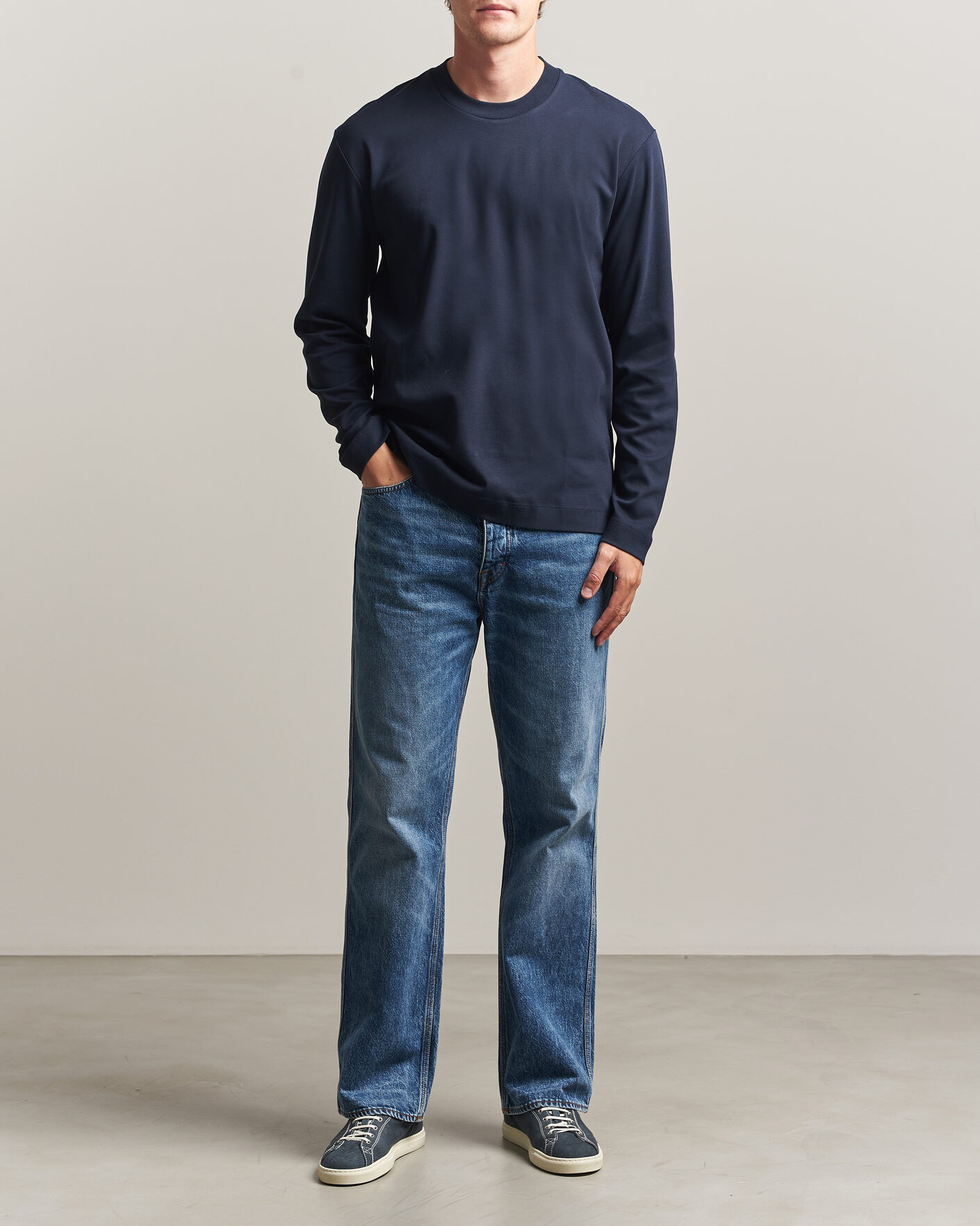 Uomini | T-shirt | Sunspel | Heavy Weight Supima Cotton Long Sleeve T-Shirt Navy