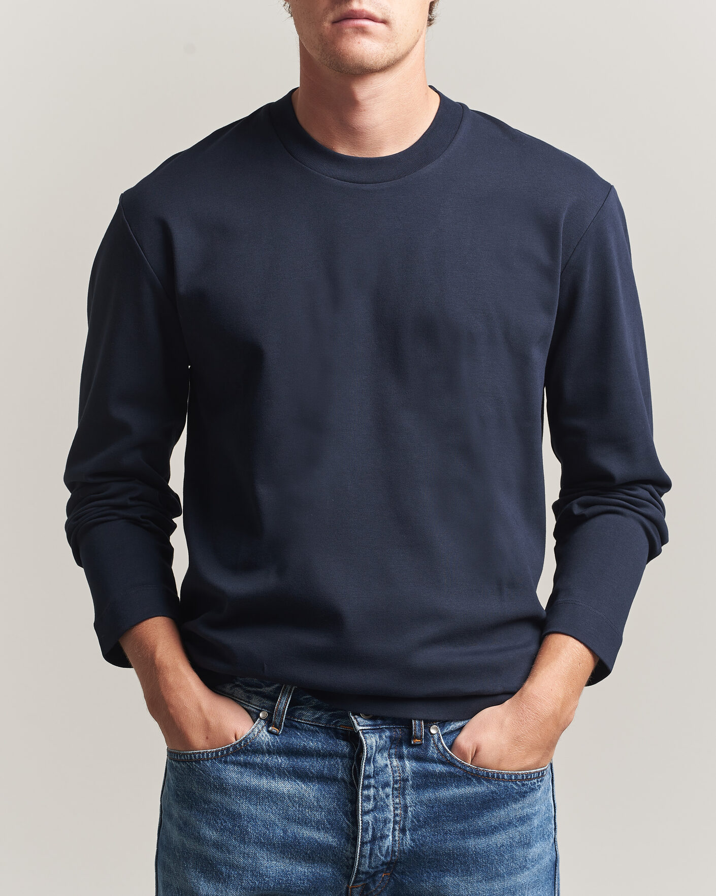 Uomini | T-shirt | Sunspel | Heavy Weight Supima Cotton Long Sleeve T-Shirt Navy