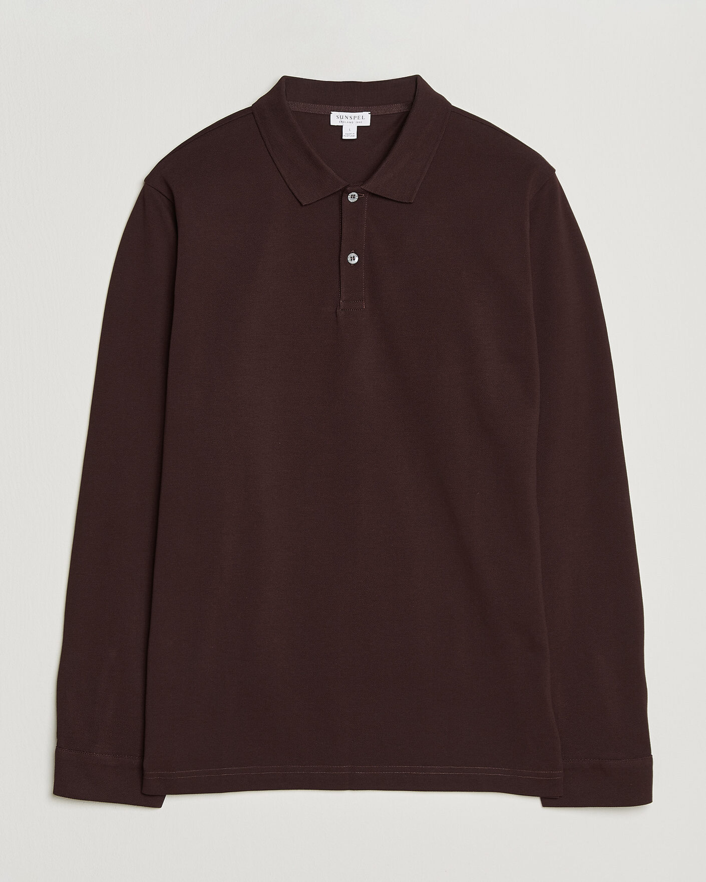 Uomini | Polo | Sunspel | Supima Cotton Long Sleeve Pique Polo Dark Brown