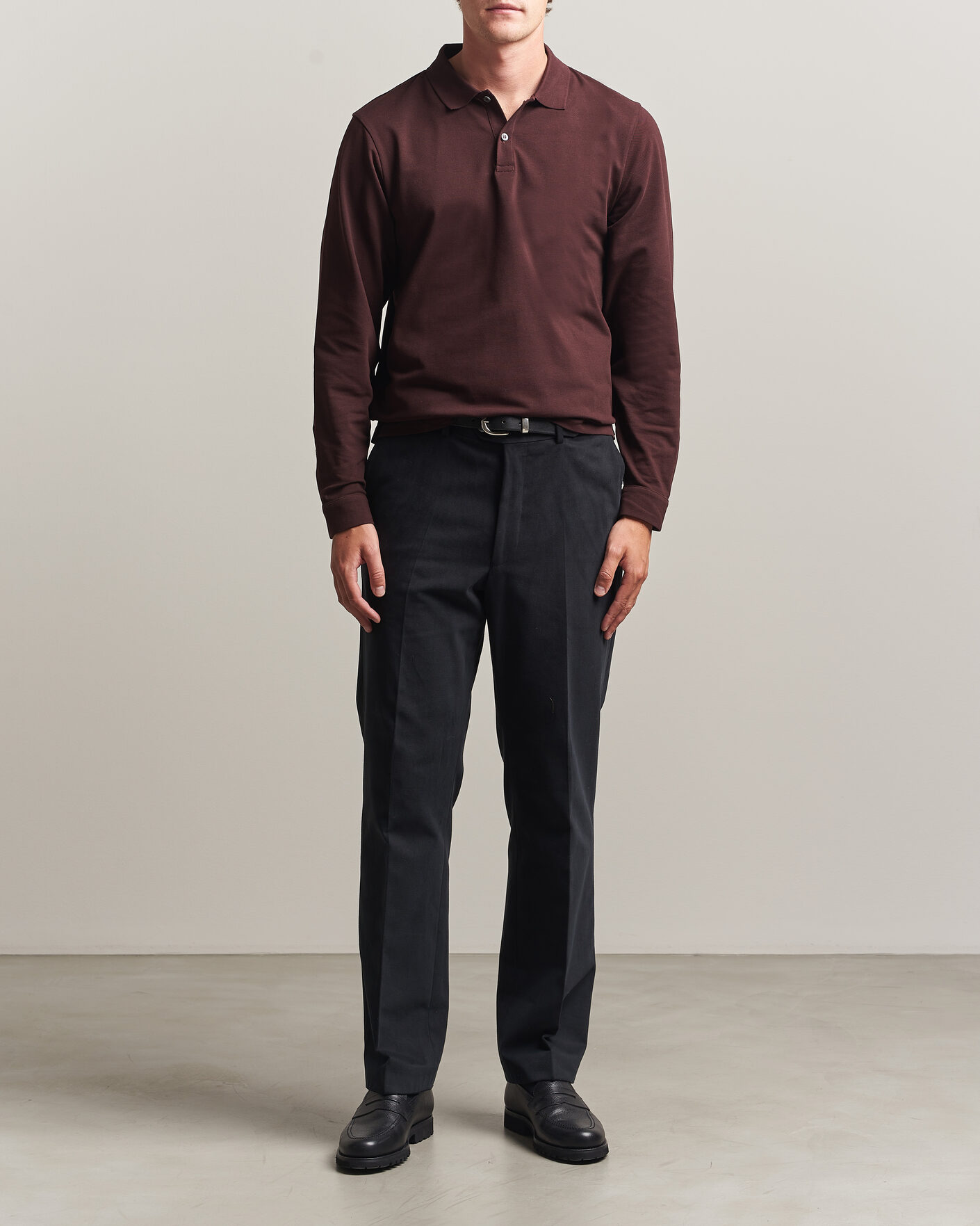 Uomini | Polo | Sunspel | Supima Cotton Long Sleeve Pique Polo Dark Brown