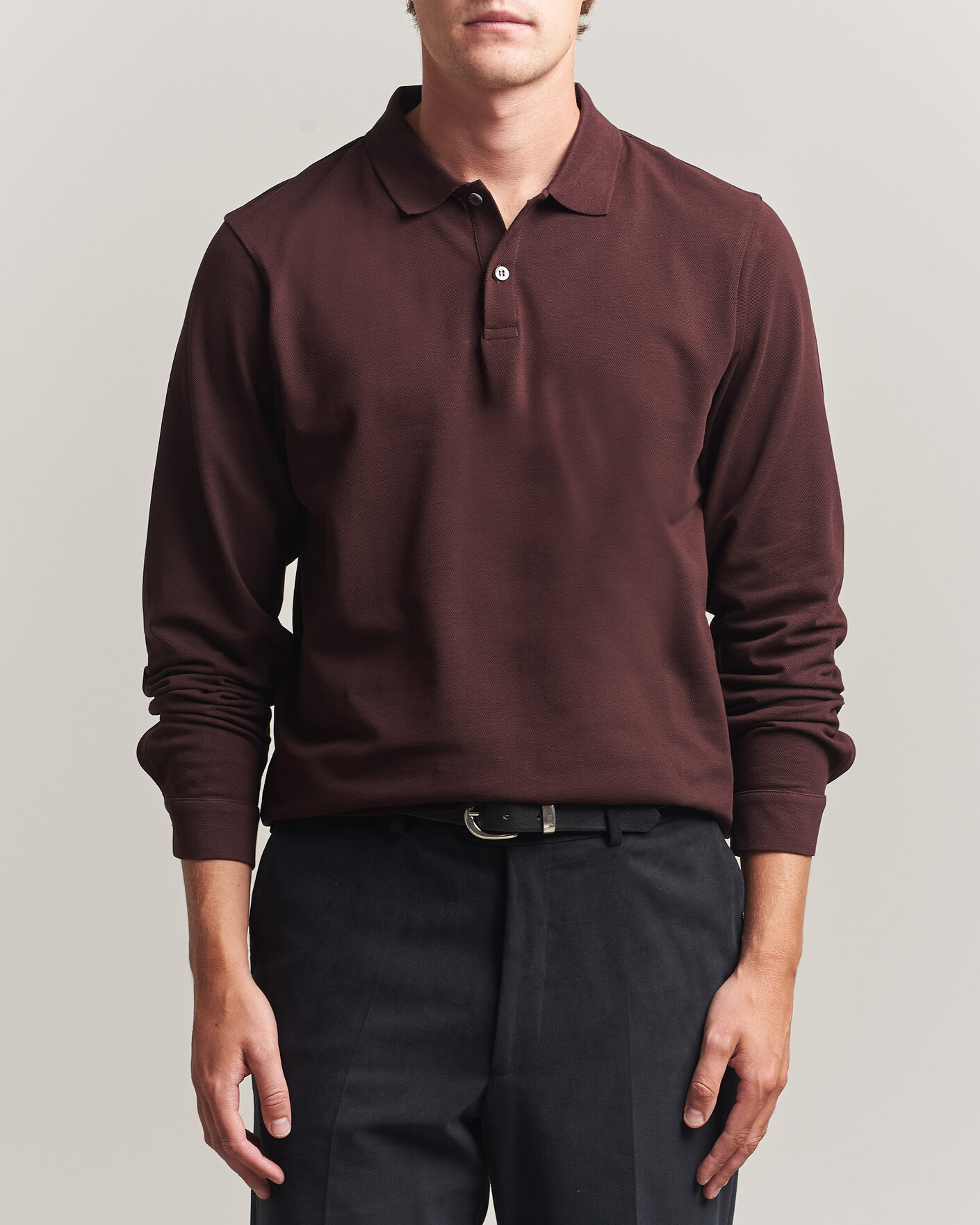 Uomini | Polo | Sunspel | Supima Cotton Long Sleeve Pique Polo Dark Brown