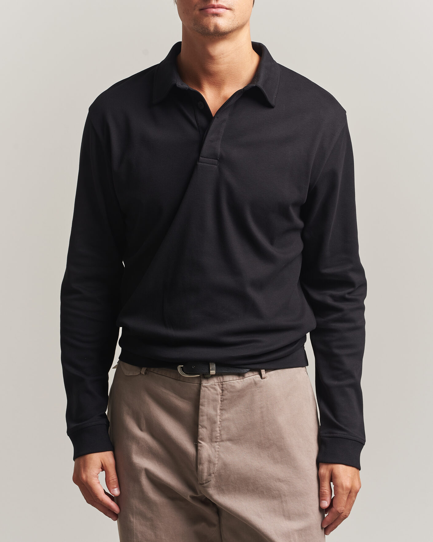 Uomini | Polo | Sunspel | Heavy Weight Supima Cotton Long Sleeve Polo Black