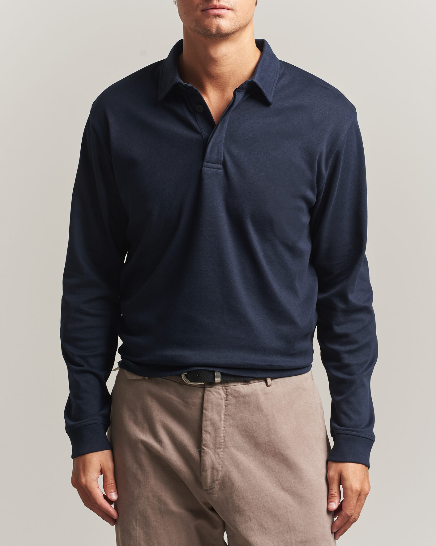 Uomini | Polo | Sunspel | Heavy Weight Supima Cotton Long Sleeve Polo Navy