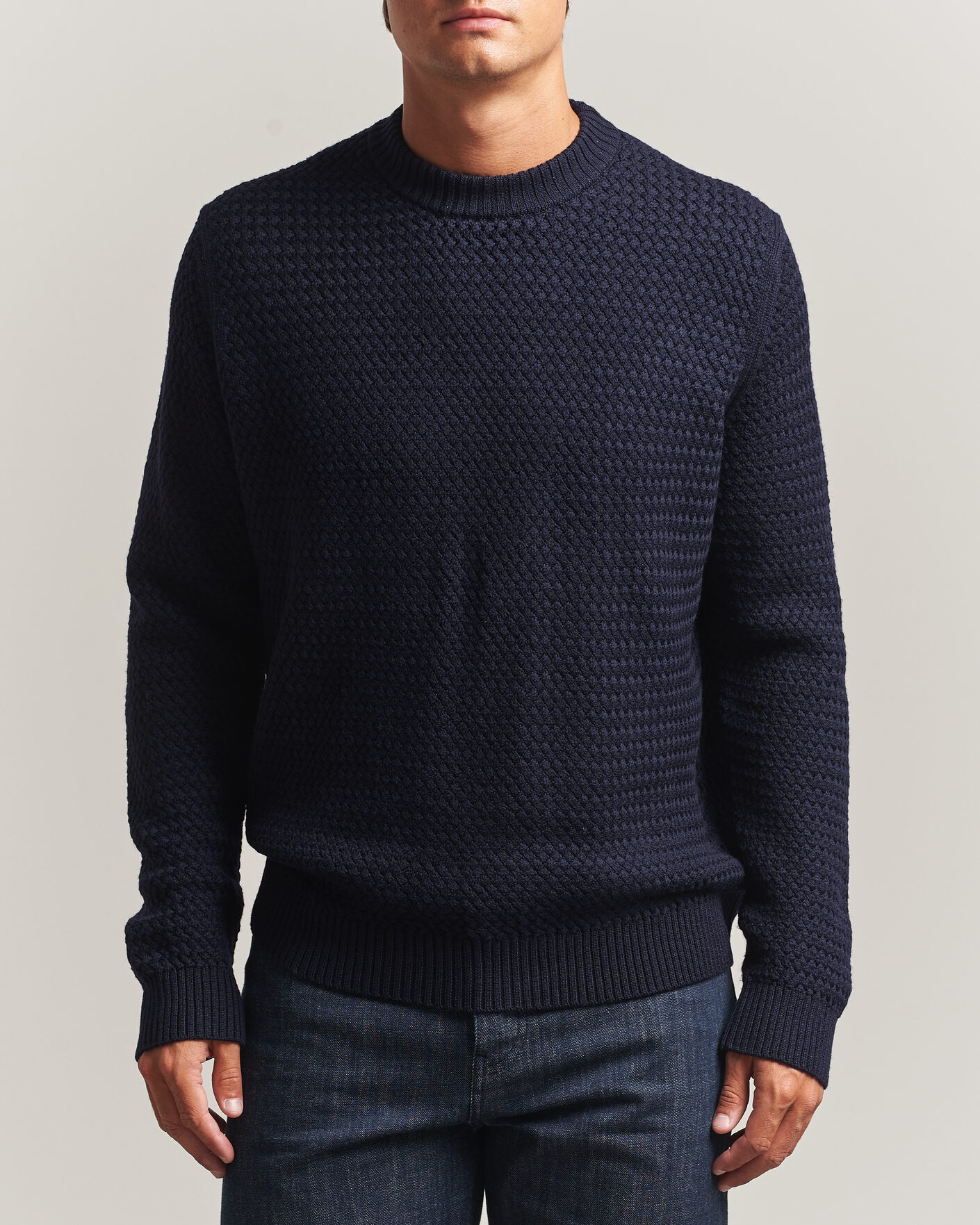 Uomini | Maglieria | Sunspel | Merino Basketweave Stitch Jumper Navy