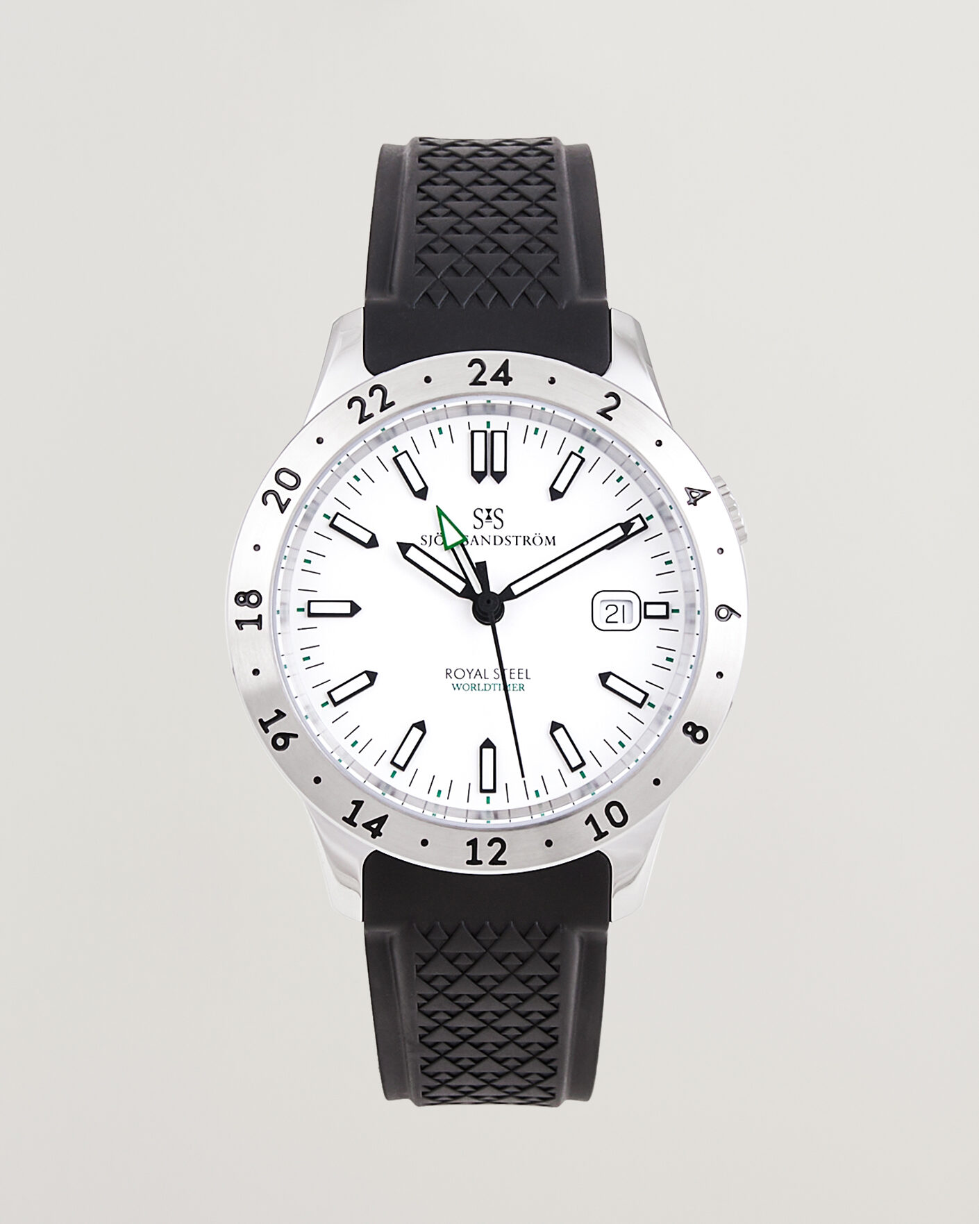 Uomini | Sjöö Sandström Royal Steel Worldtimer 41mm Black Rubber White Dial | Sjöö Sandström | Royal Steel Worldtimer 41mm Black Rubber White Dial