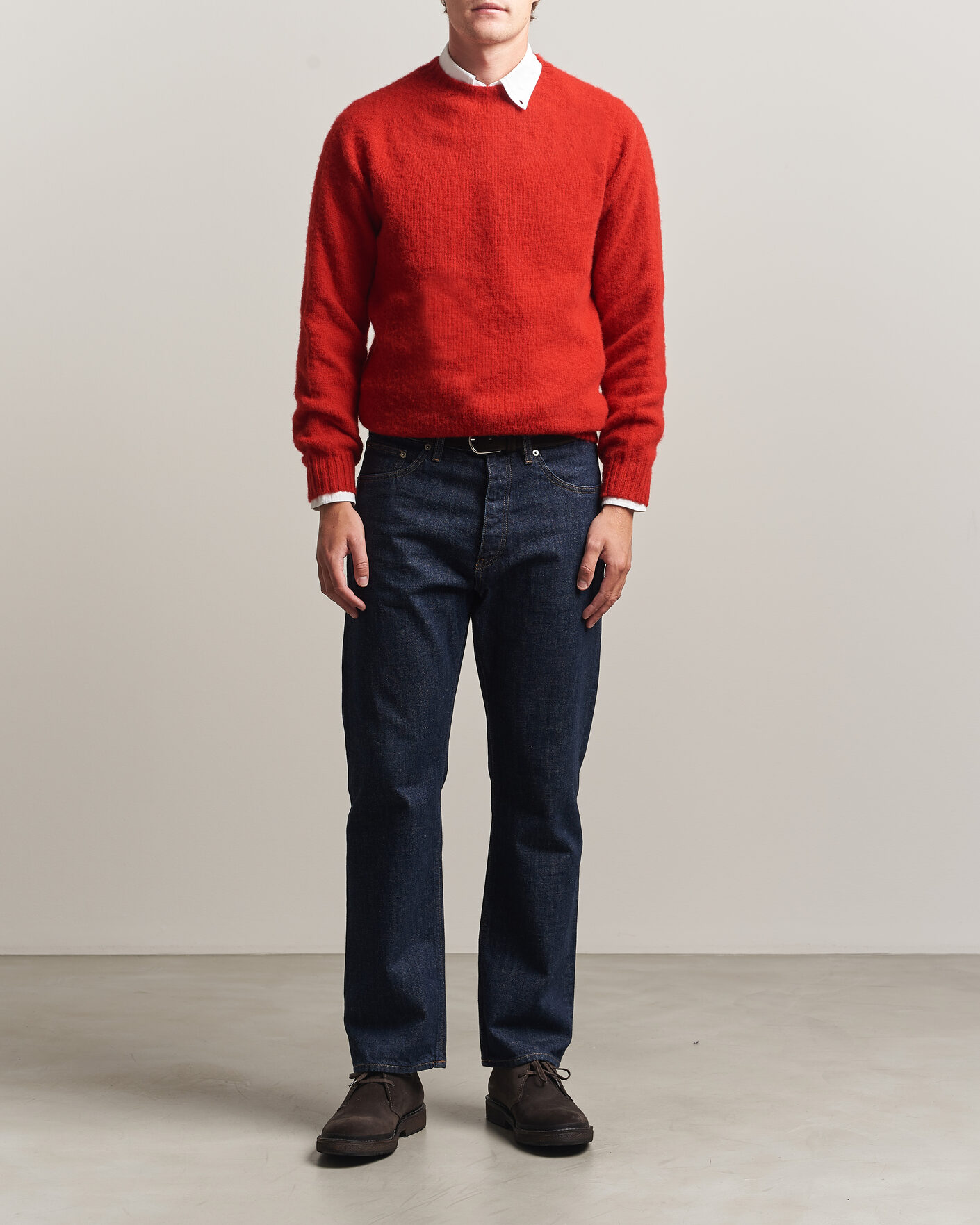 Uomini | Maglieria | Harley Of Scotland | Brushed Supersoft Lambswool Crewneck Cardinal