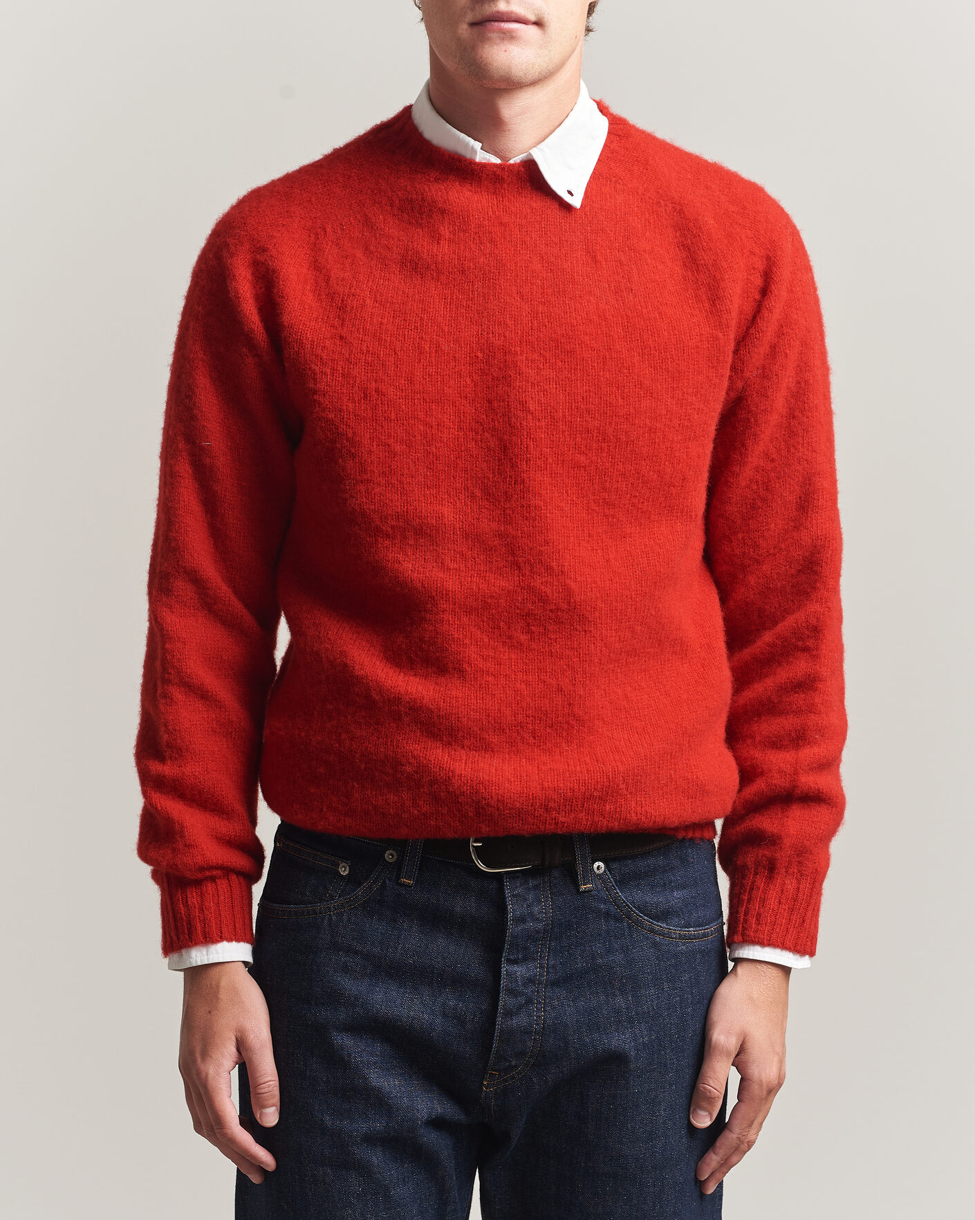 Uomini | Maglieria | Harley Of Scotland | Brushed Supersoft Lambswool Crewneck Cardinal