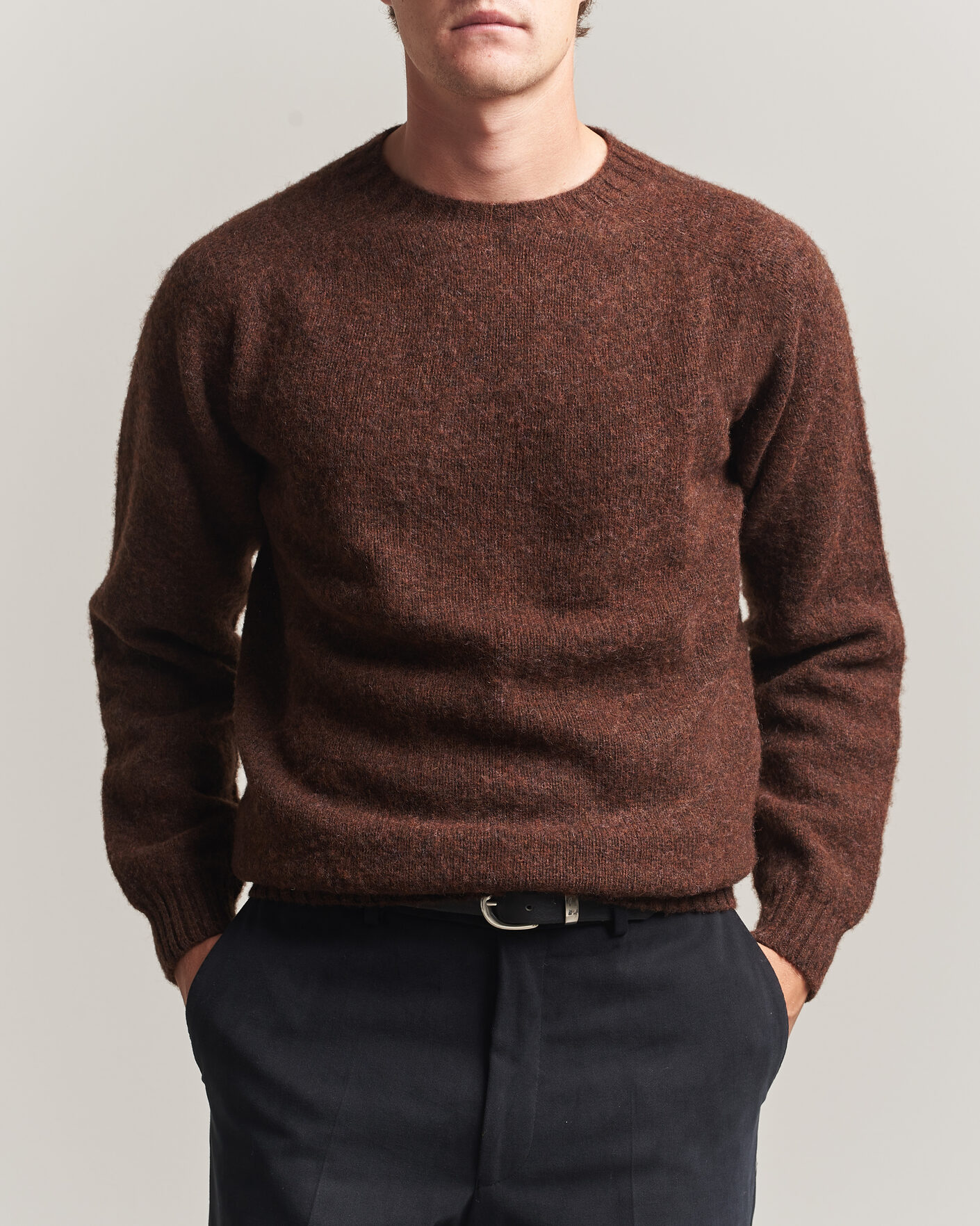 Uomini | Maglieria | Harley Of Scotland | Brushed Supersoft Lambswool Crewneck Marron