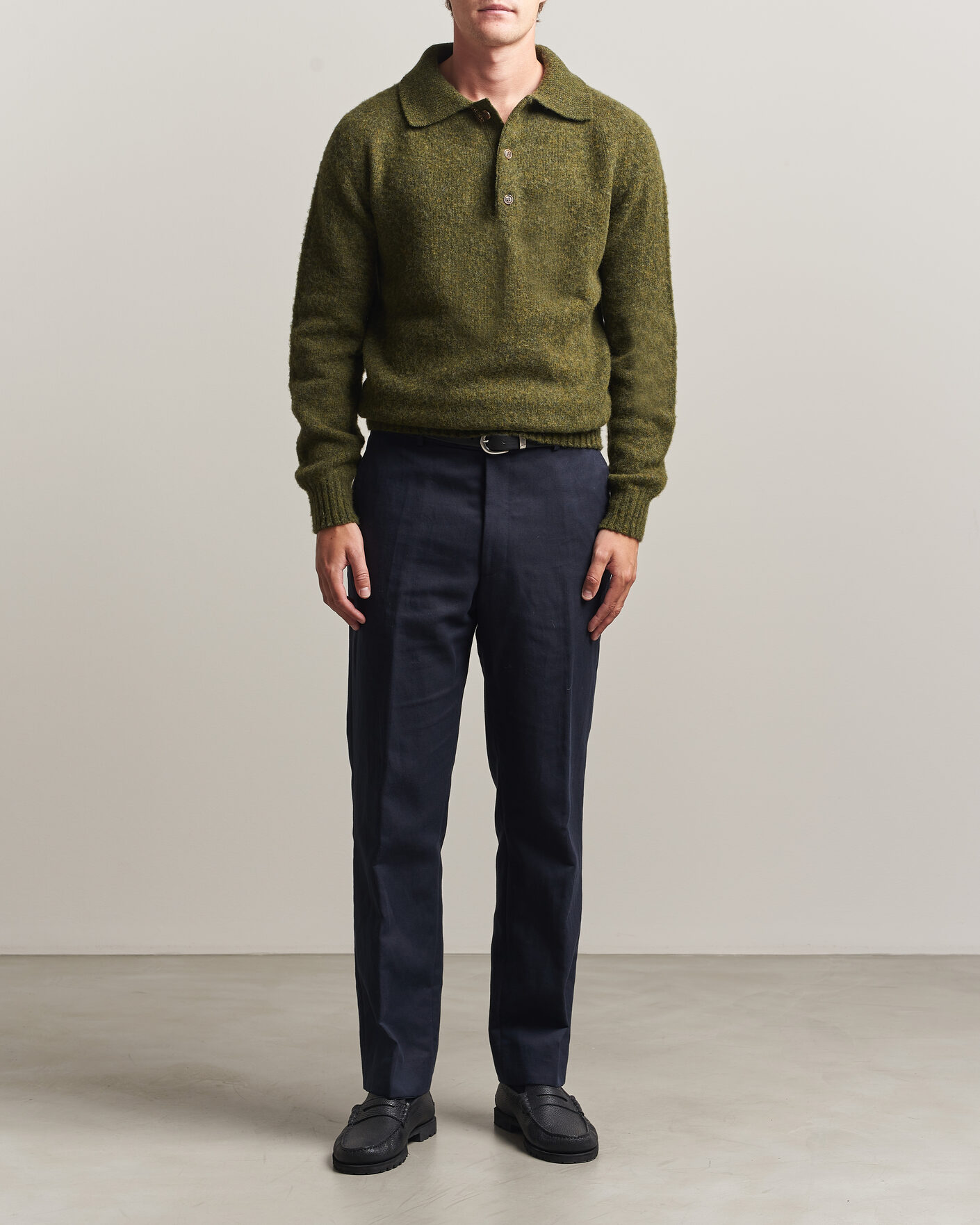 Uomini | Maglieria | Harley Of Scotland | Brushed Supersoft Lambswool Polo Scots Pine