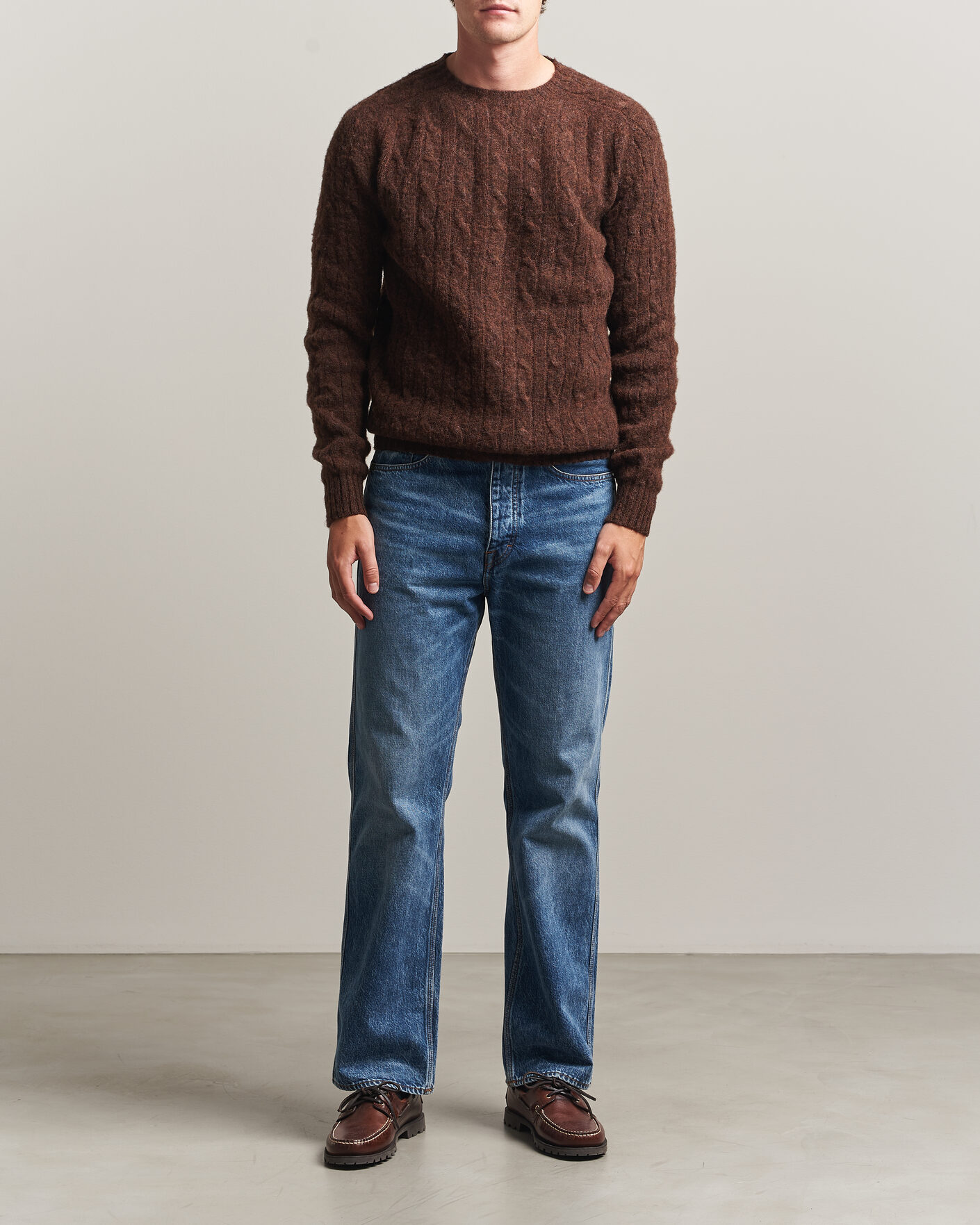 Uomini | Maglieria | Harley Of Scotland | Brushed Supersoft Lambswool Cable Marron
