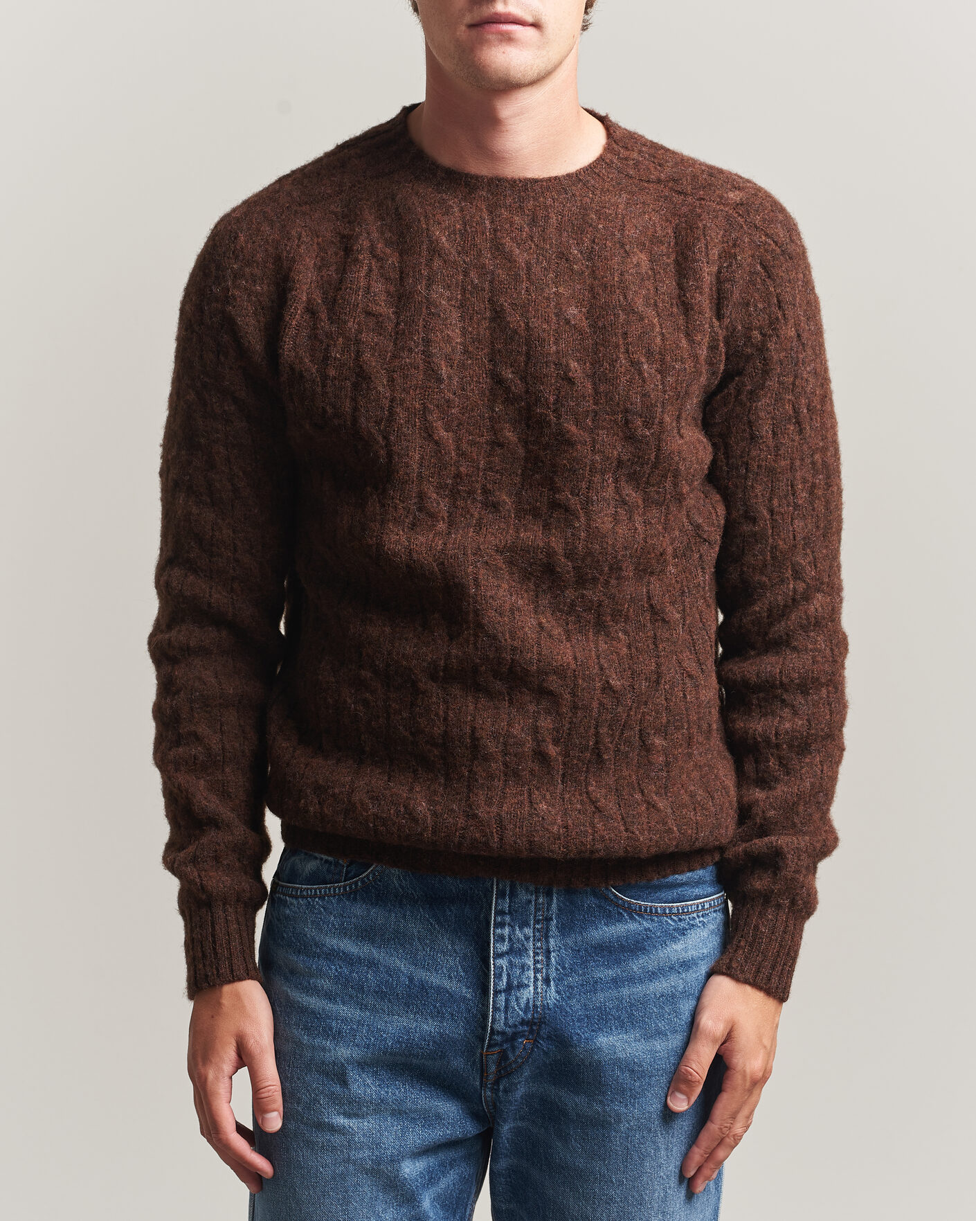 Uomini | Maglieria | Harley Of Scotland | Brushed Supersoft Lambswool Cable Marron