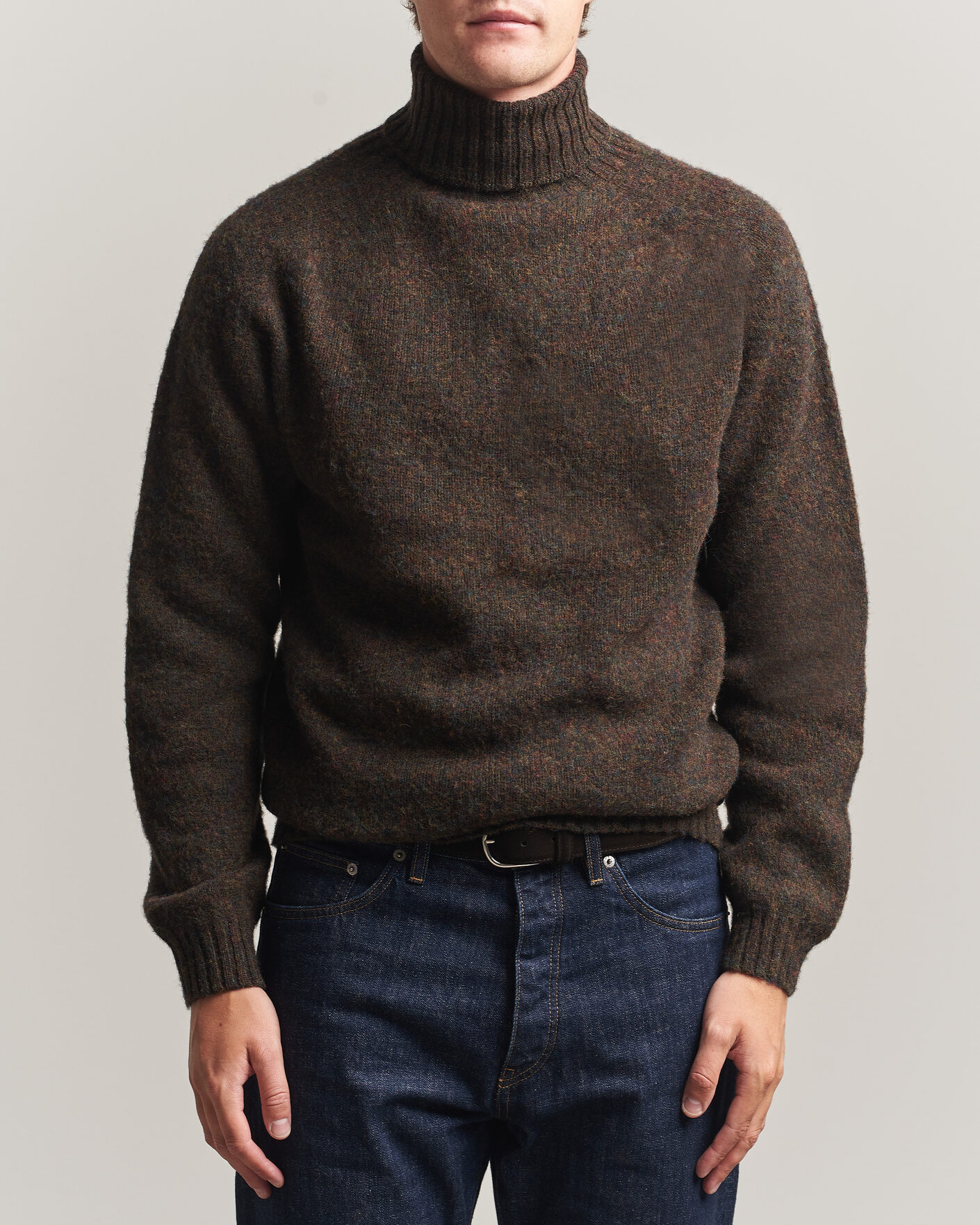 Uomini | Maglieria | Harley Of Scotland | Brushed Supersoft Lambswool Rollneck Carob