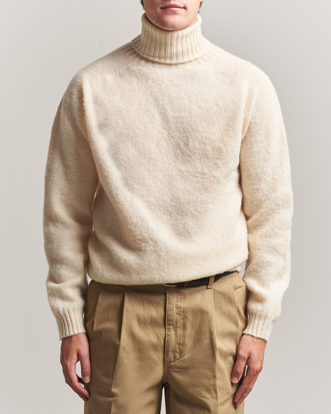 Uomini | Maglieria | Harley Of Scotland | Brushed Supersoft Lambswool Rollneck Vanilla