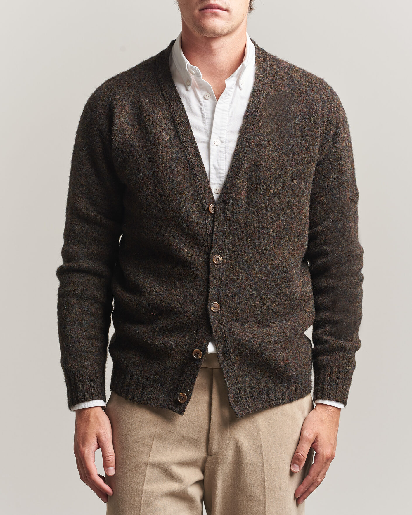 Uomini | Maglieria | Harley Of Scotland | Brushed Supersoft Lambswool Cardigan Carob