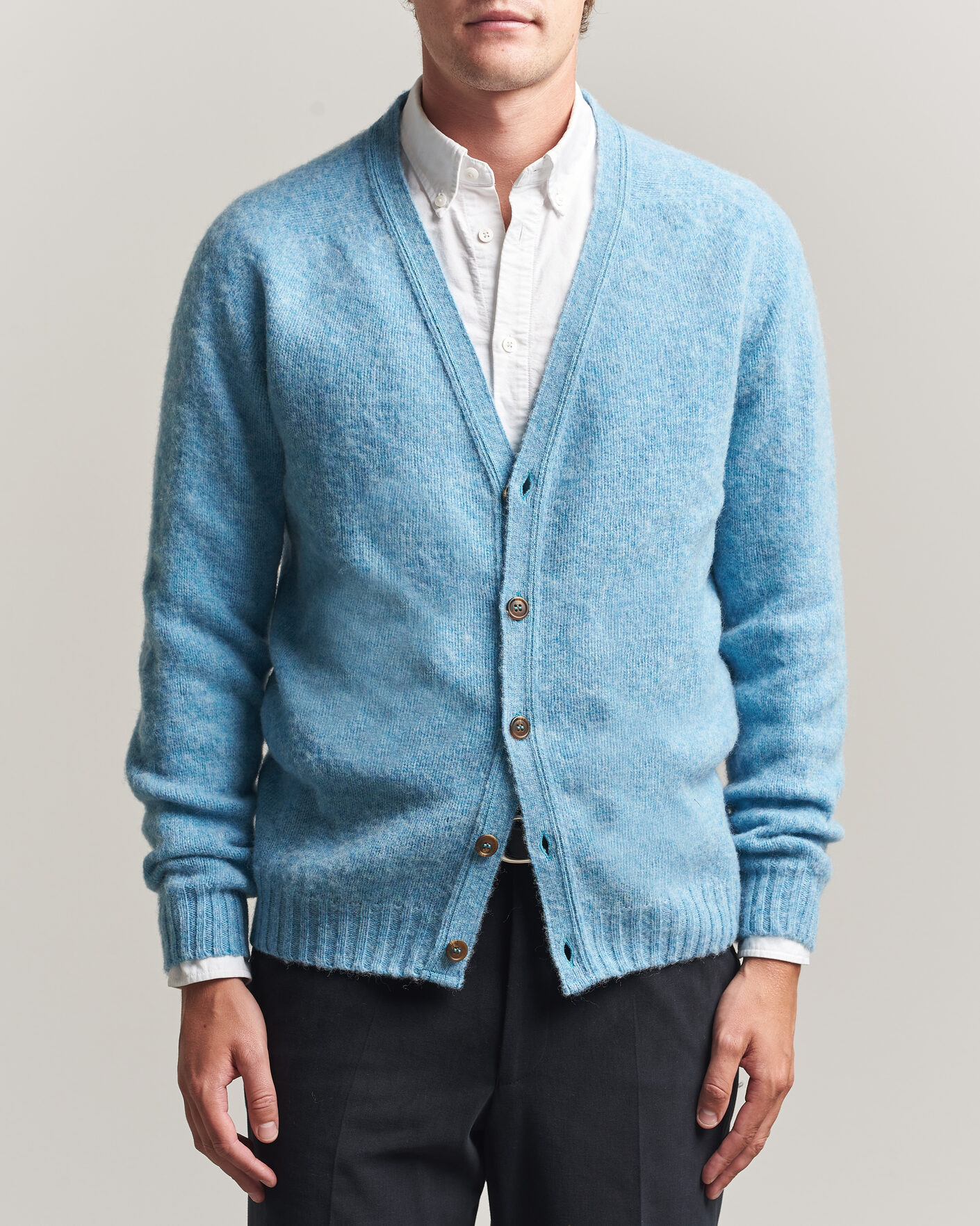 Uomini | Maglieria | Harley Of Scotland | Brushed Supersoft Lambswool Cardigan Loch Blue