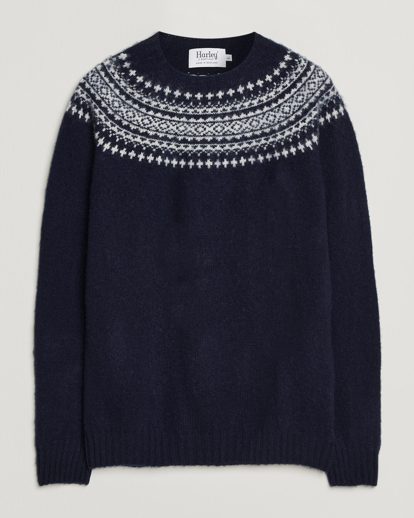 Uomini | Maglieria | Harley Of Scotland | Brushed Supersoft Lambswool Yolk Fairisle Navy/Snow White