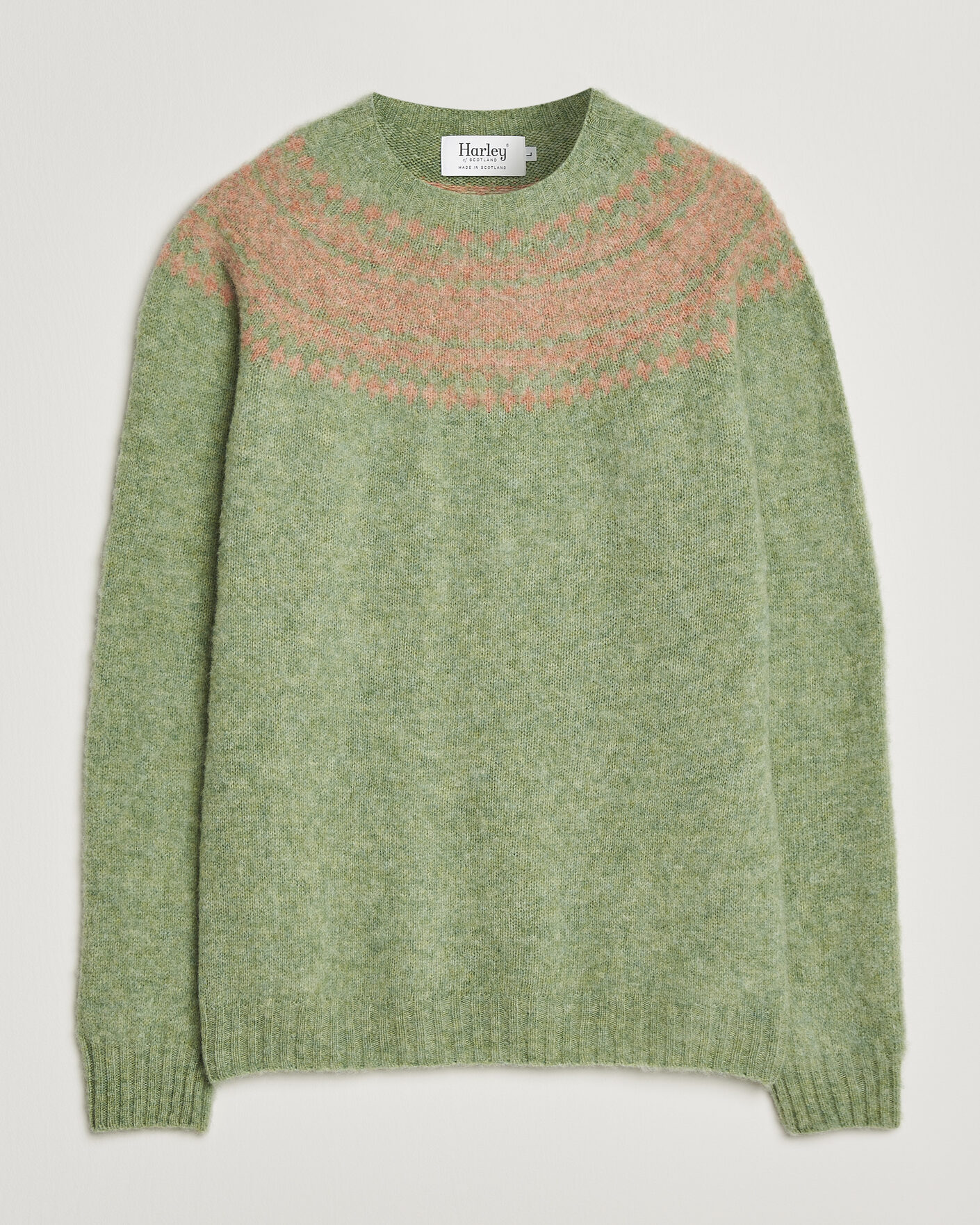 Uomini | Maglieria | Harley Of Scotland | Brushed Supersoft Lambswool Yolk Fairisle Sage/Parfait