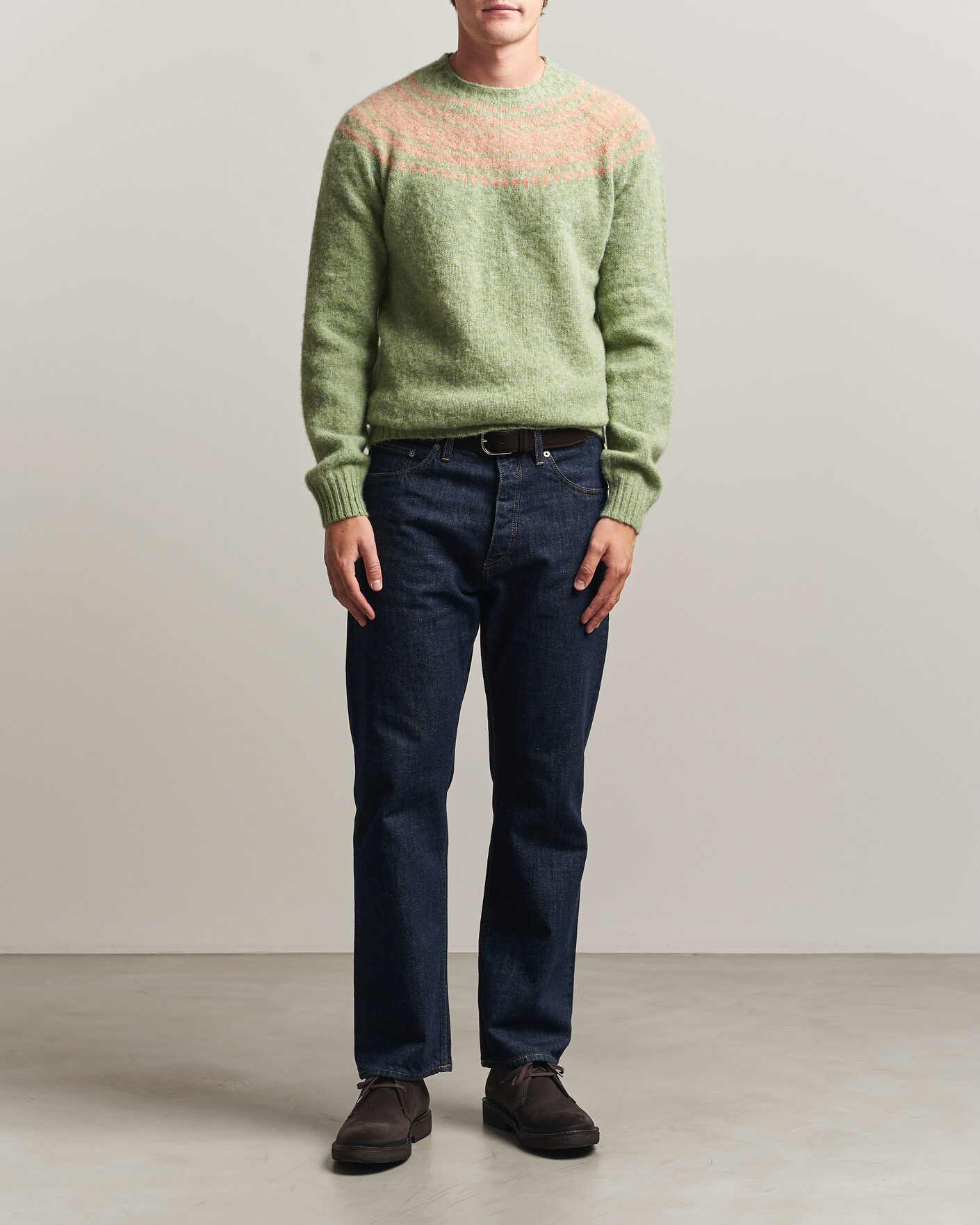 Uomini | Maglieria | Harley Of Scotland | Brushed Supersoft Lambswool Yolk Fairisle Sage/Parfait