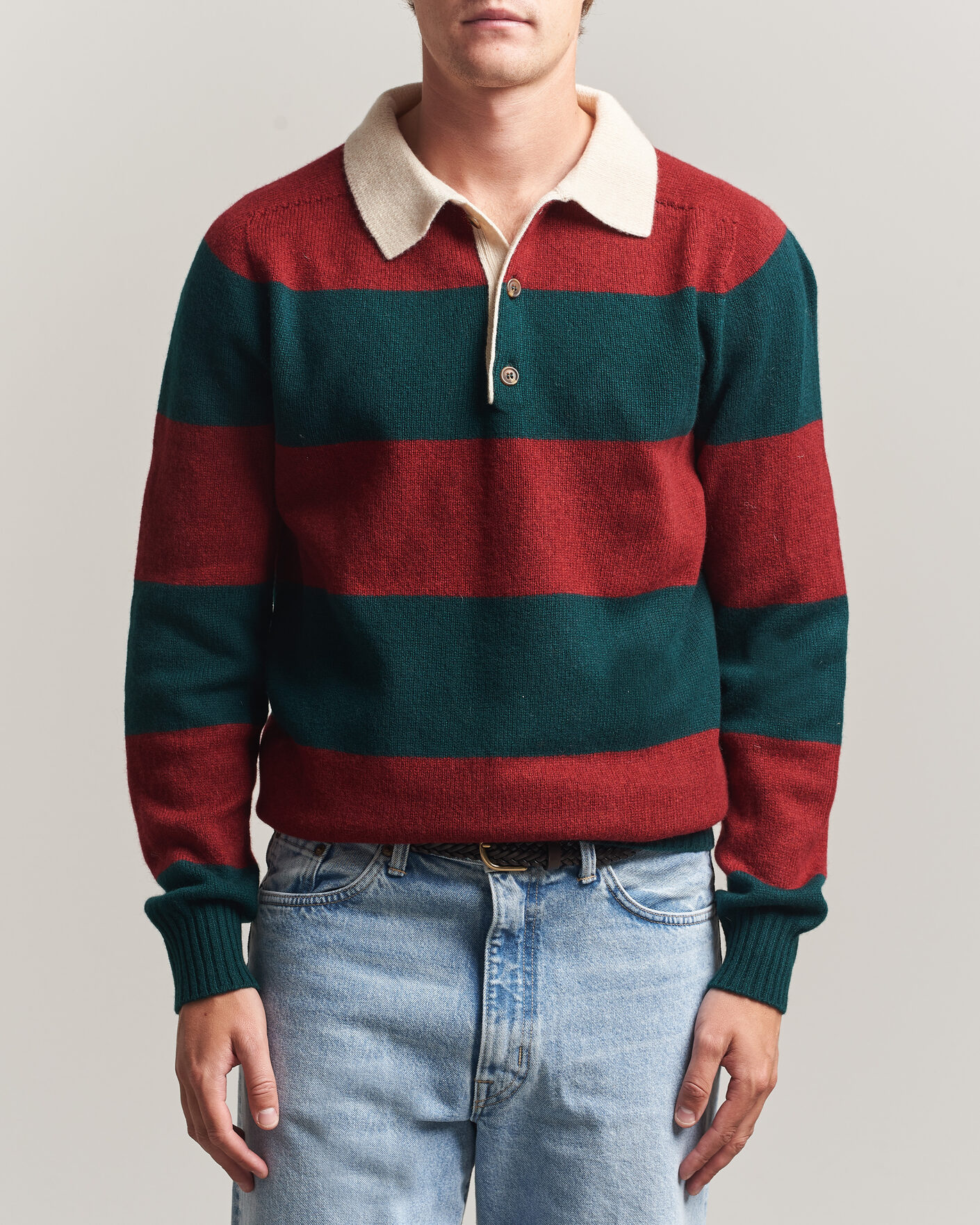 Uomini | Maglieria | Harley Of Scotland | Supersoft 2ply Lambswool Rugby Green/Red