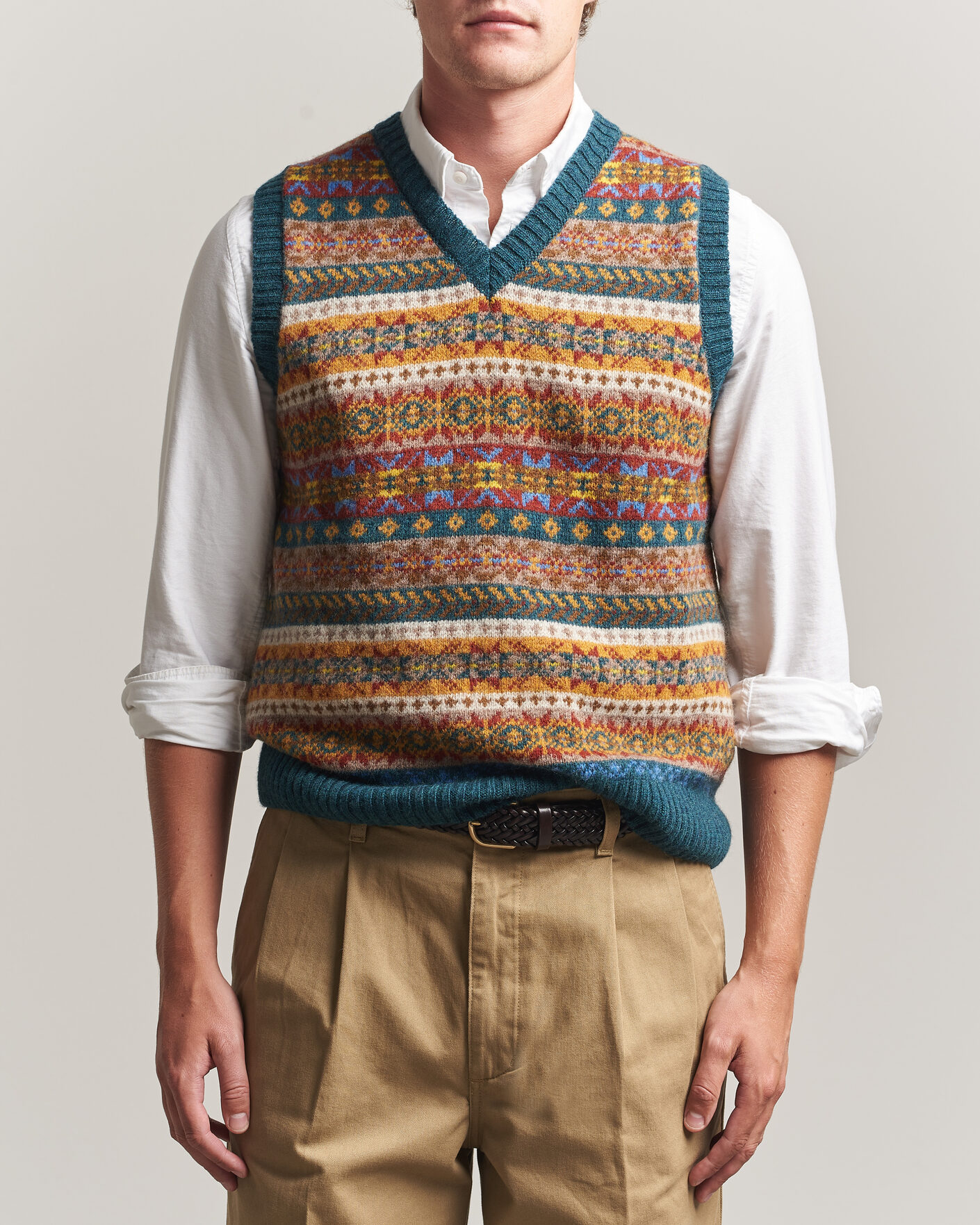 Uomini | Maglieria | Harley Of Scotland | Supersoft 2ply Lambswool Fairisle Vest Tempest