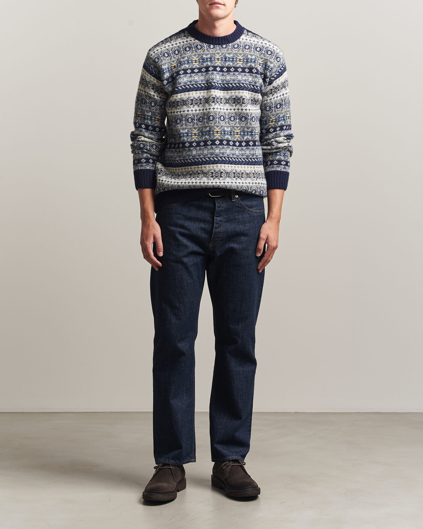 Uomini | Maglieria | Harley Of Scotland | Supersoft 2ply Lambswool Fairisle Crew Navy