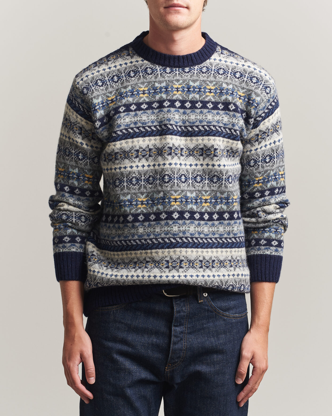 Uomini | Maglieria | Harley Of Scotland | Supersoft 2ply Lambswool Fairisle Crew Navy