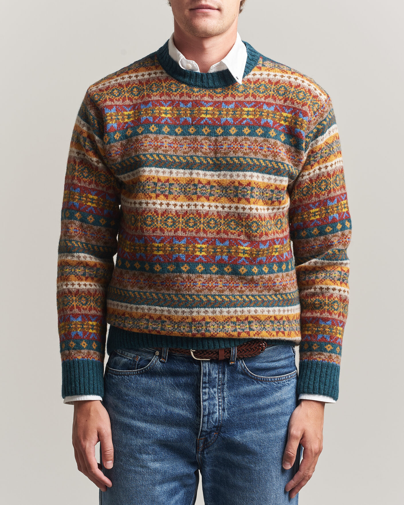 Uomini | Maglieria | Harley Of Scotland | Supersoft 2ply Lambswool Fairisle Crew Tempest