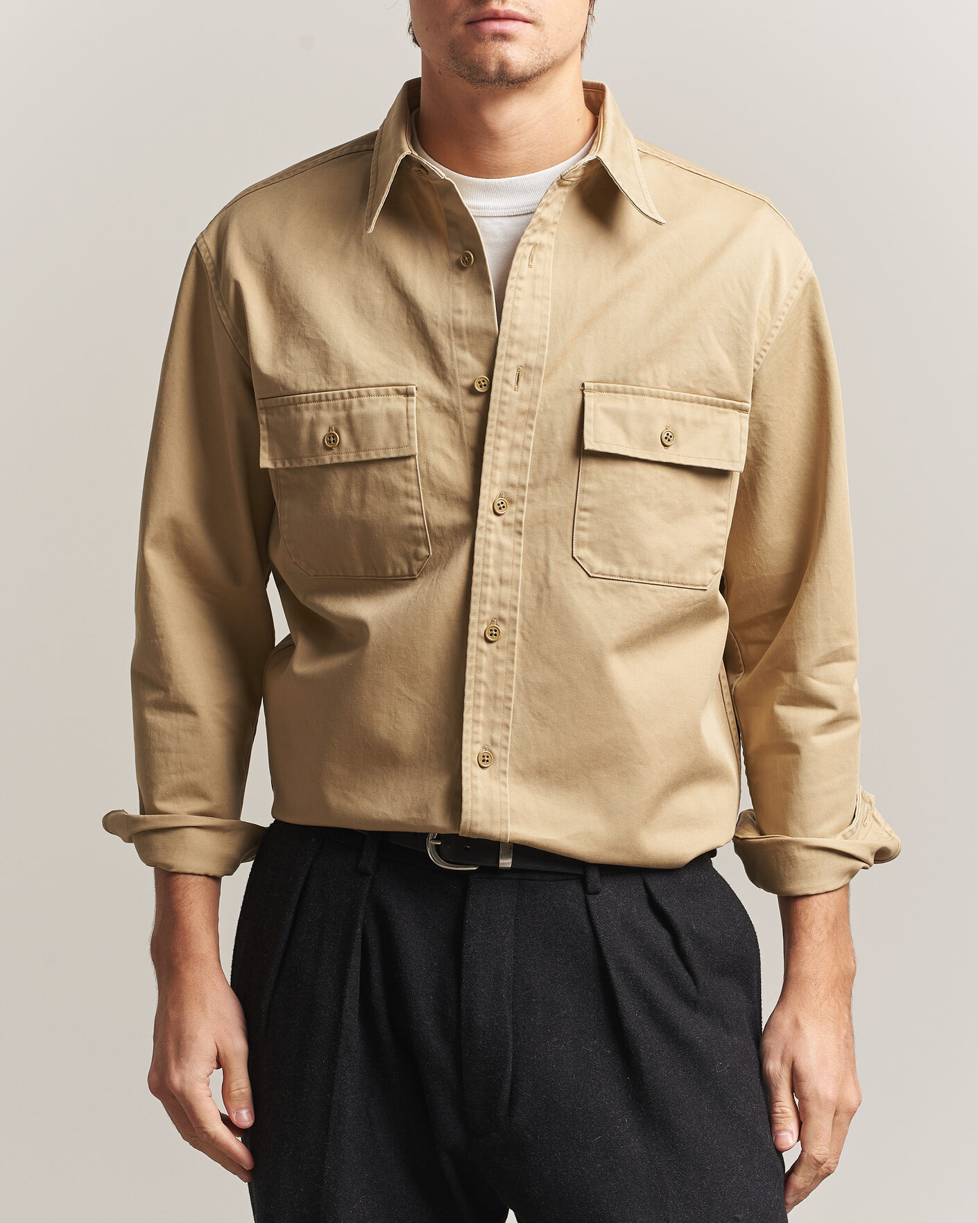 Uomini | Camicie | Kamakura Shirts | Cotton Twill CPO Overshirt Beige
