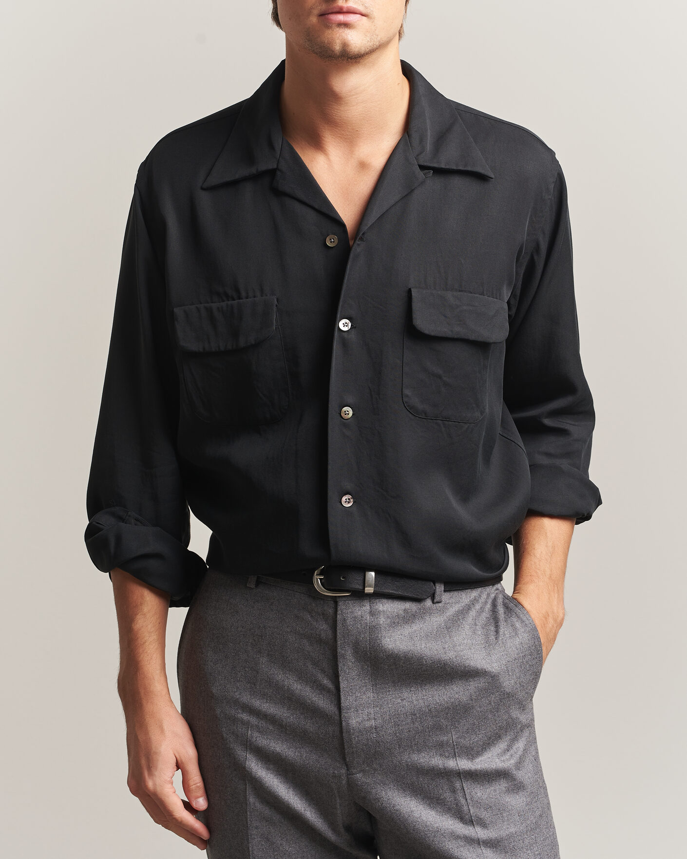 Uomini | Camicie | Kamakura Shirts | Vintage Open Collar Shirt Black