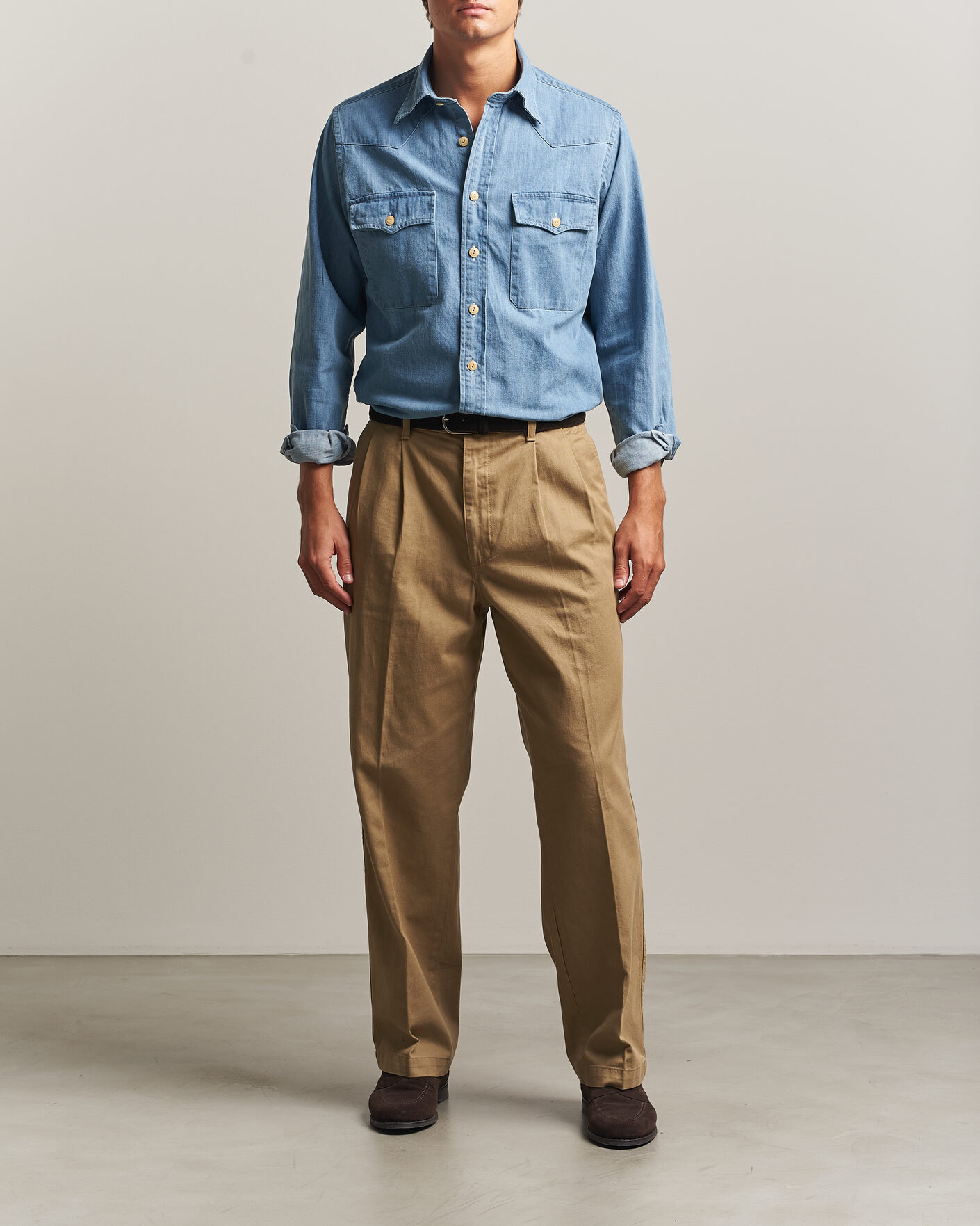 Uomini | Camicie | Drake's | Denim Western Shirt Bleached Blue