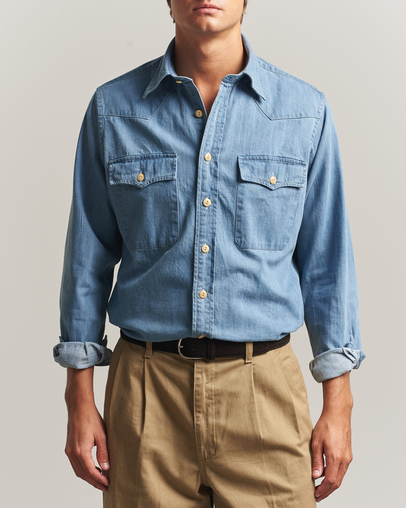 Uomini | Camicie | Drake's | Denim Western Shirt Bleached Blue