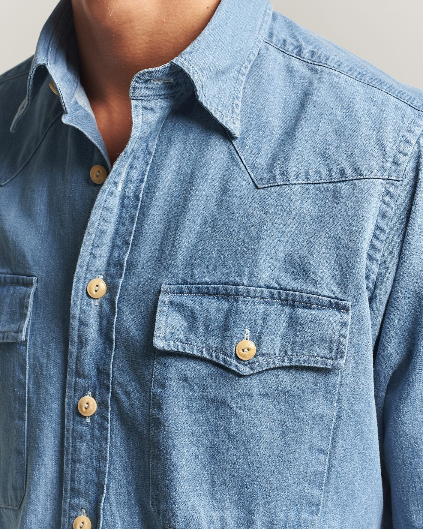 Uomini | Camicie | Drake's | Denim Western Shirt Bleached Blue