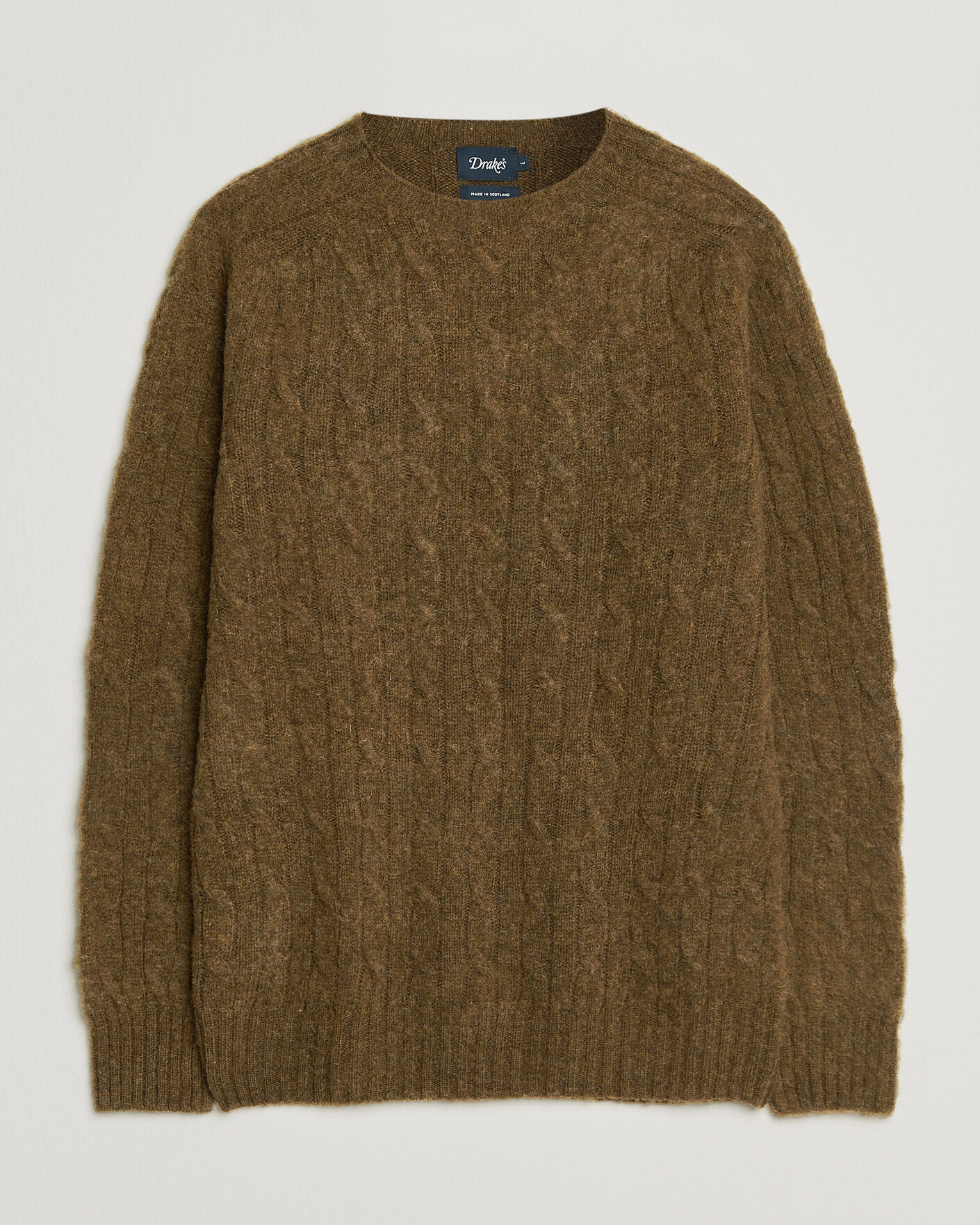 Uomini | Maglieria | Drake's | Brushed Shetland Cable Crew Moorland Olive