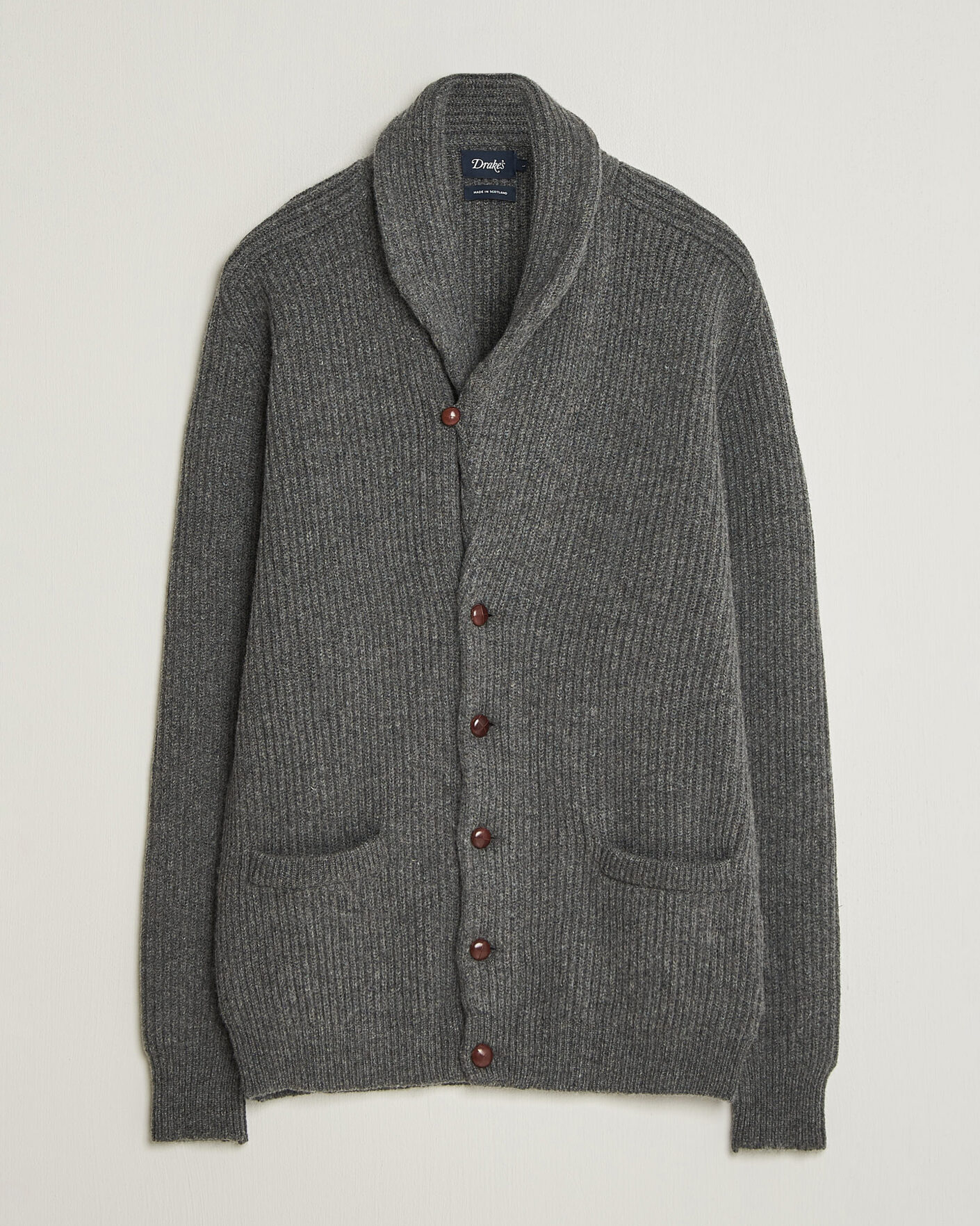 Uomini | Maglieria | Drake's | Lambswool Shawl Collar Rib Cardigan Grey
