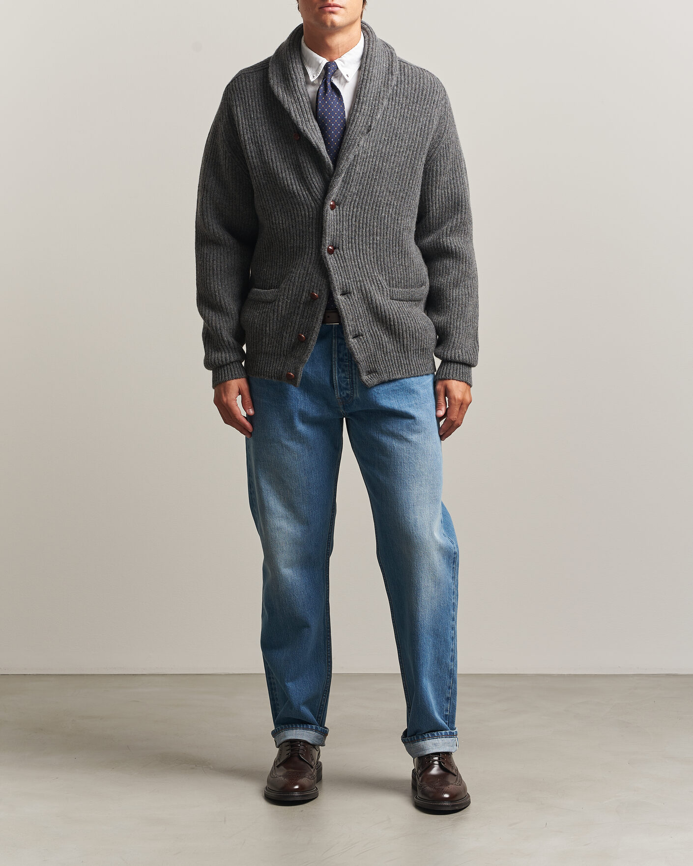 Uomini | Maglieria | Drake's | Lambswool Shawl Collar Rib Cardigan Grey