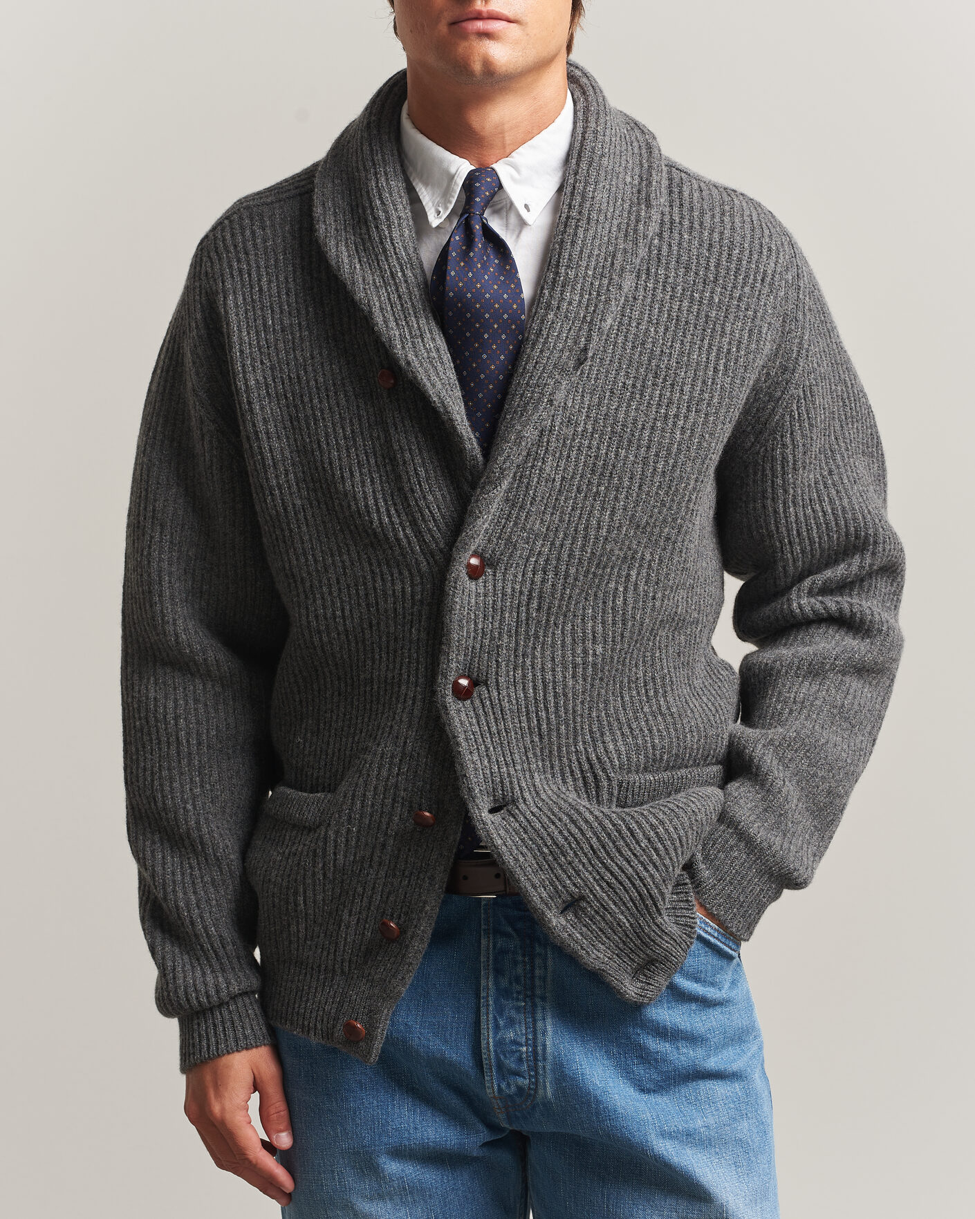 Uomini | Maglieria | Drake's | Lambswool Shawl Collar Rib Cardigan Grey