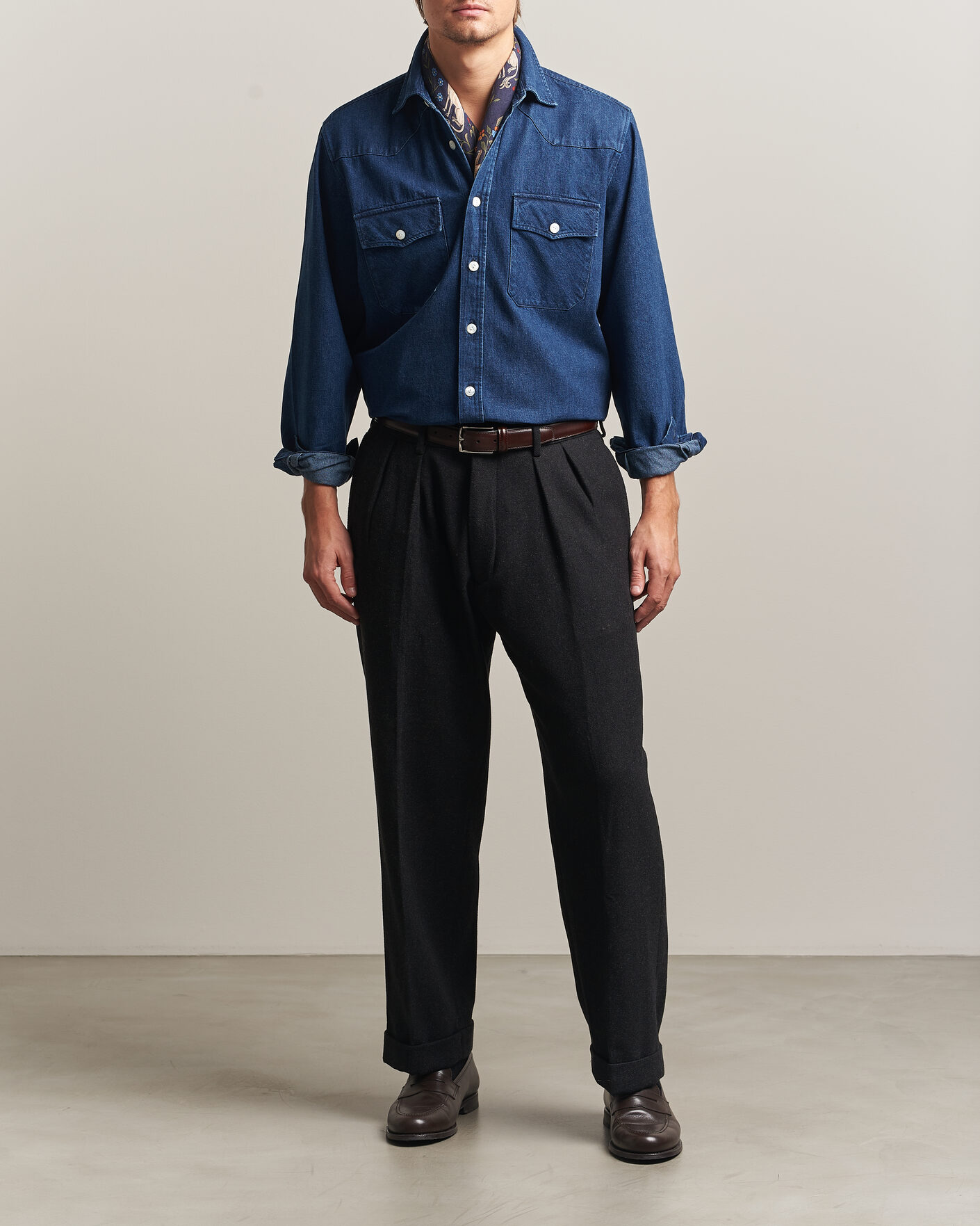 Uomini | Camicie | Drake's | Western Selvedge Denim Shirt Stone Wash Indigo