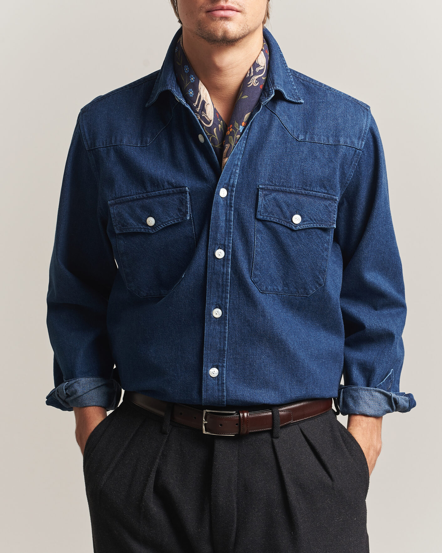 Uomini | Camicie | Drake's | Western Selvedge Denim Shirt Stone Wash Indigo