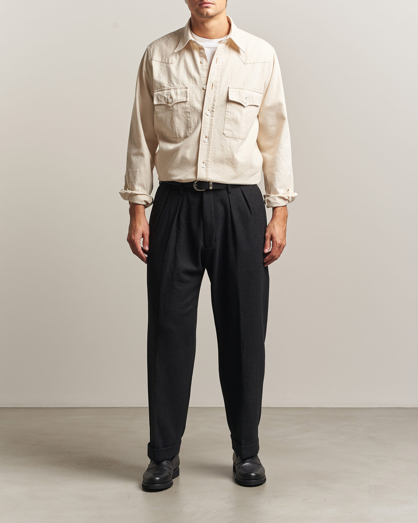 Uomini | Camicie | Drake's | Western Denim Shirt Stone Wash Ecru