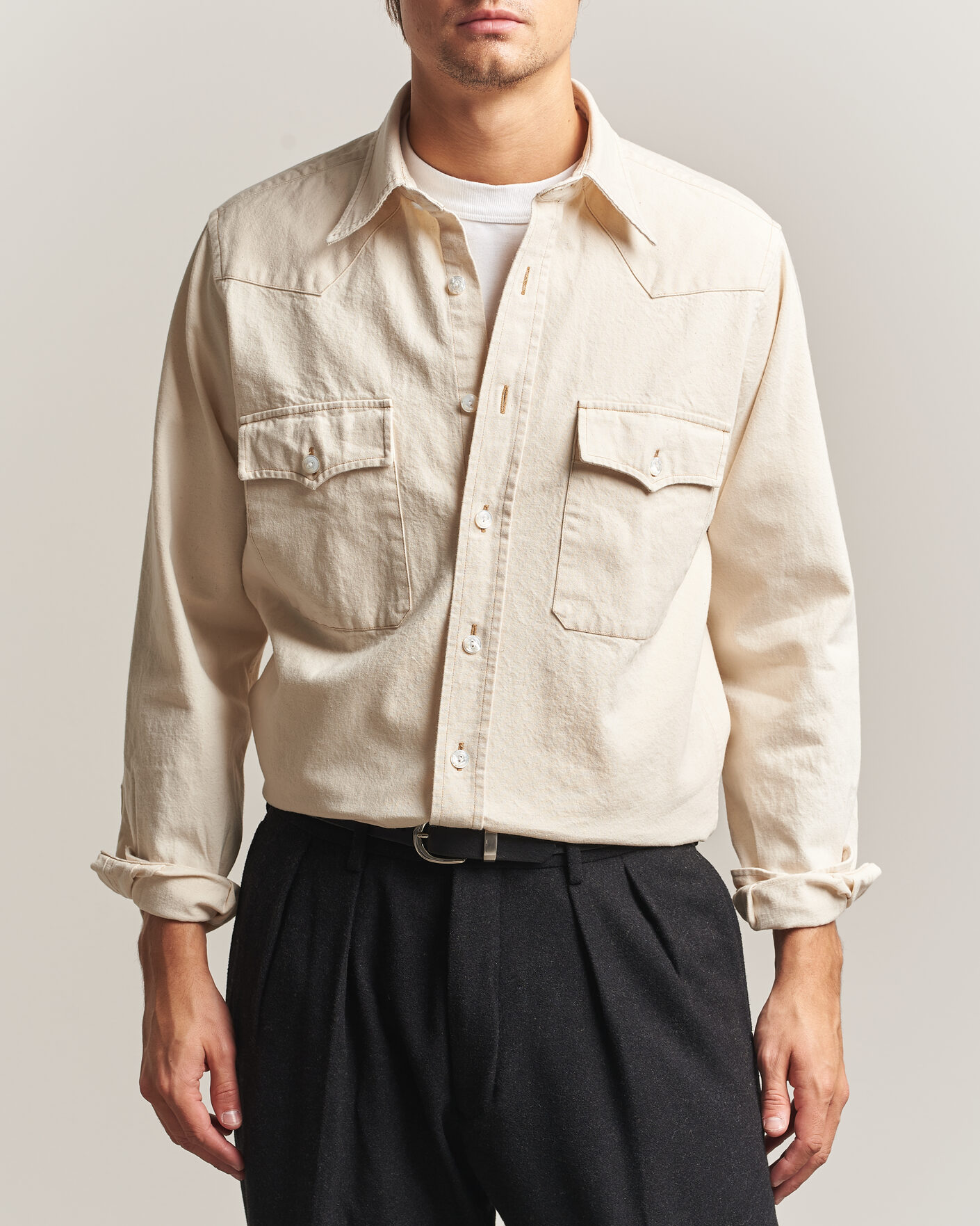 Uomini | Camicie | Drake's | Western Denim Shirt Stone Wash Ecru